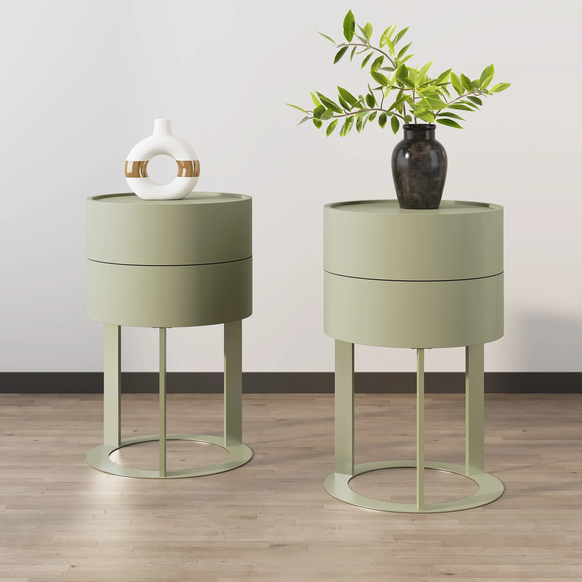 HLR Modern Round Wood Nightstand with Drawer, 2-Tier End Table for Living Room, Bedroom, Black