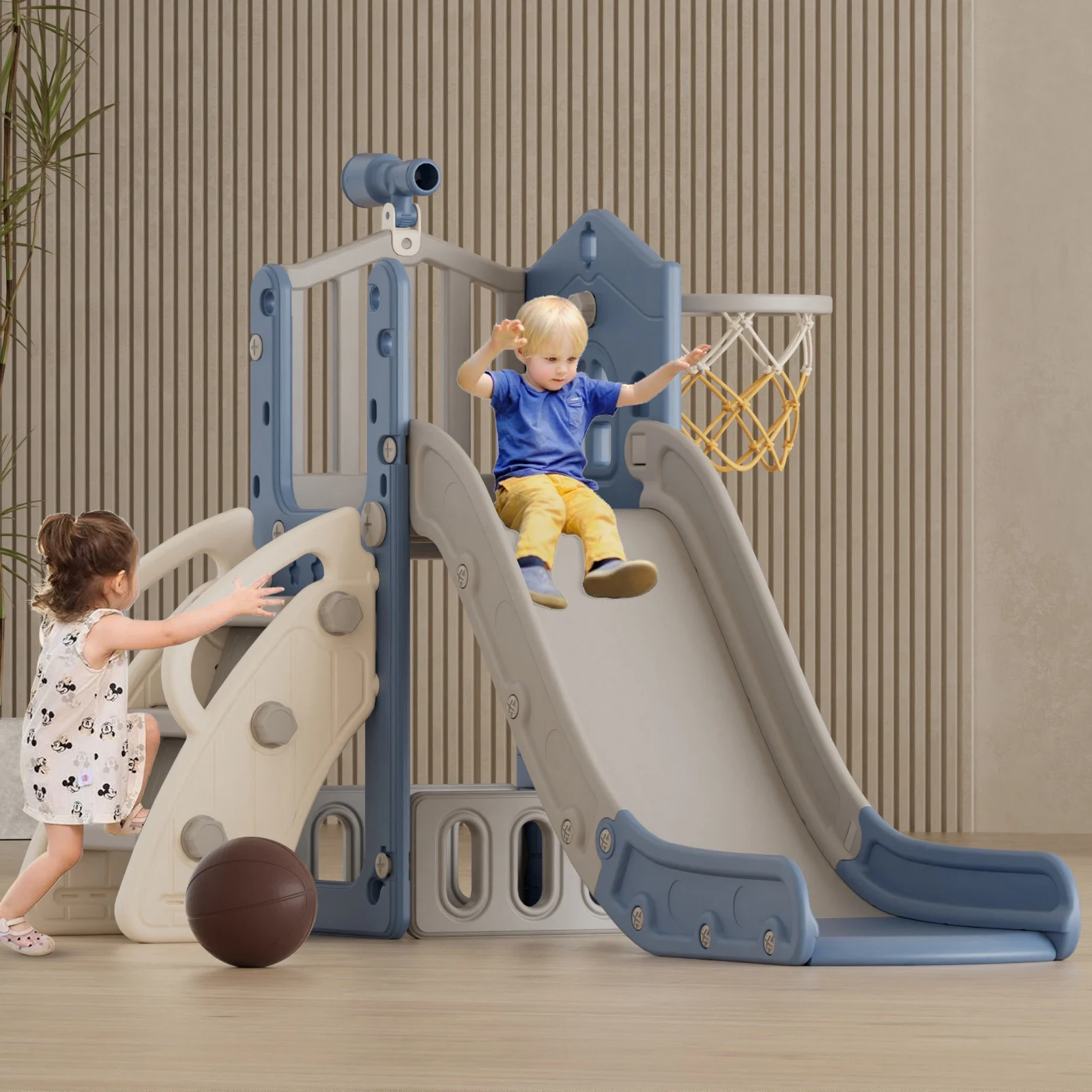 KORIMEFA 6-in-1 Toddler Slide for Age 1-3, L-Shaped Kids Slide with Basketball Hoop and Telescope, Outdoor and Indoor Playground Climber Playset Toys, Blue Gray