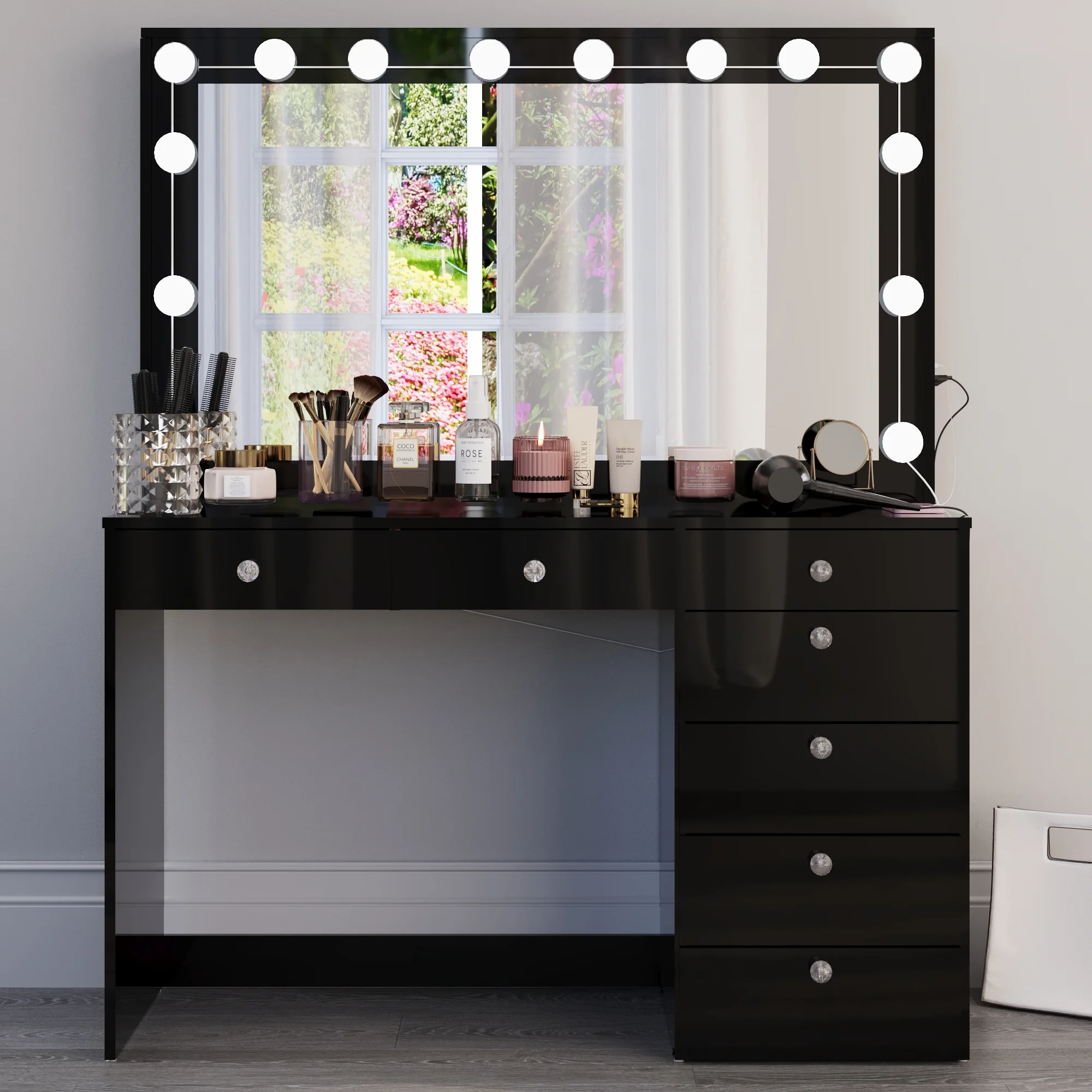 Boahaus GRWM Diana White Makeup Vanity with 7 Drawers, Mirror, Lights & Charging Station