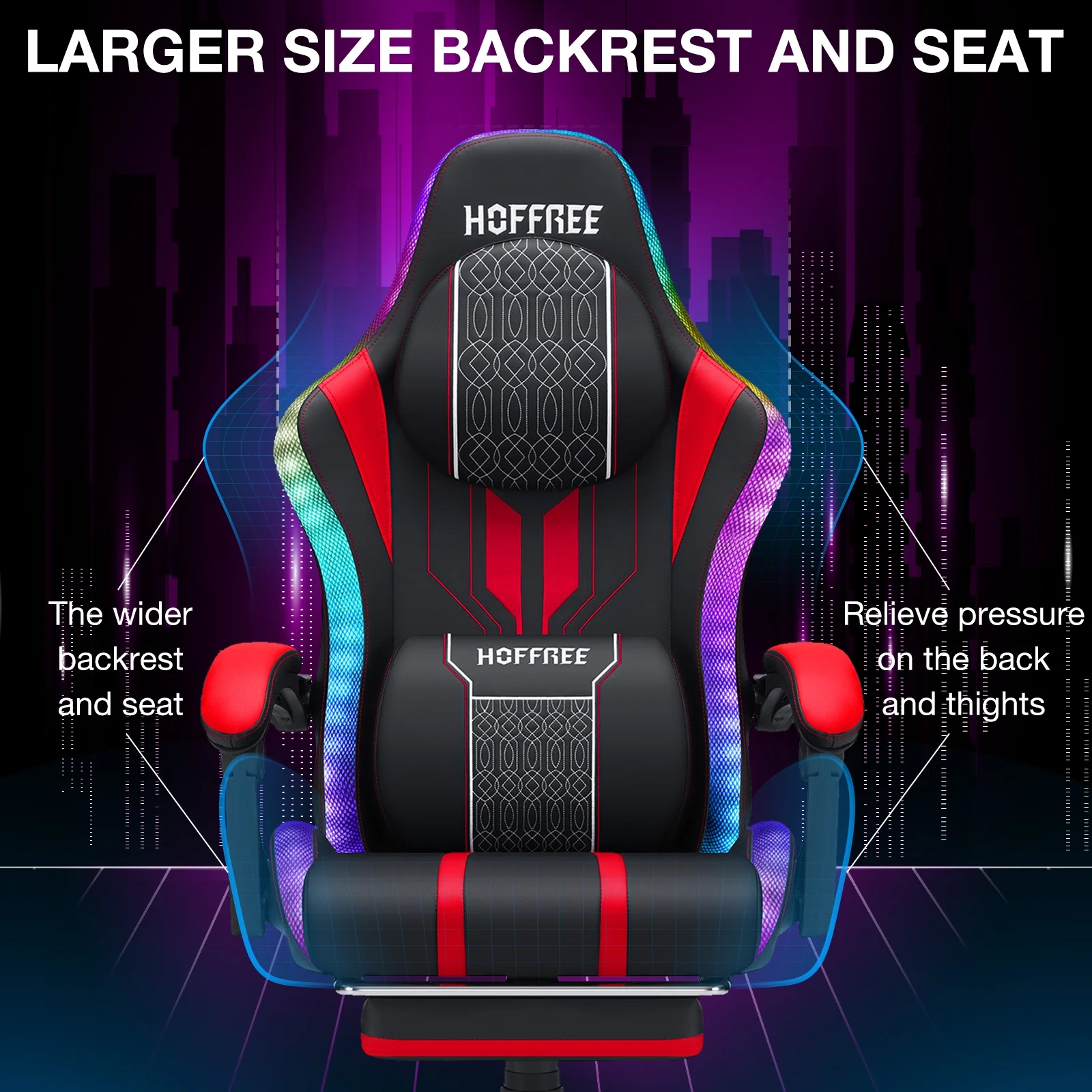 HOFFREE Big and Tall Gaming Chair with Speakers and RGB Lights, Gamer Chair with Footrest, Lumbar Support Height Adjustable 360-Swivel Seat and Headrest for Adults, 400lbs