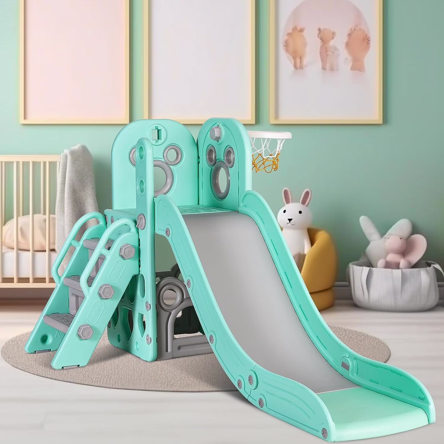 Arlopu Sturdy Toddler Slide with Basketball Hoop Plastic Kids Slide Climber with Anti-Slip Steps Indoor Outdoor Children Toy Playground
