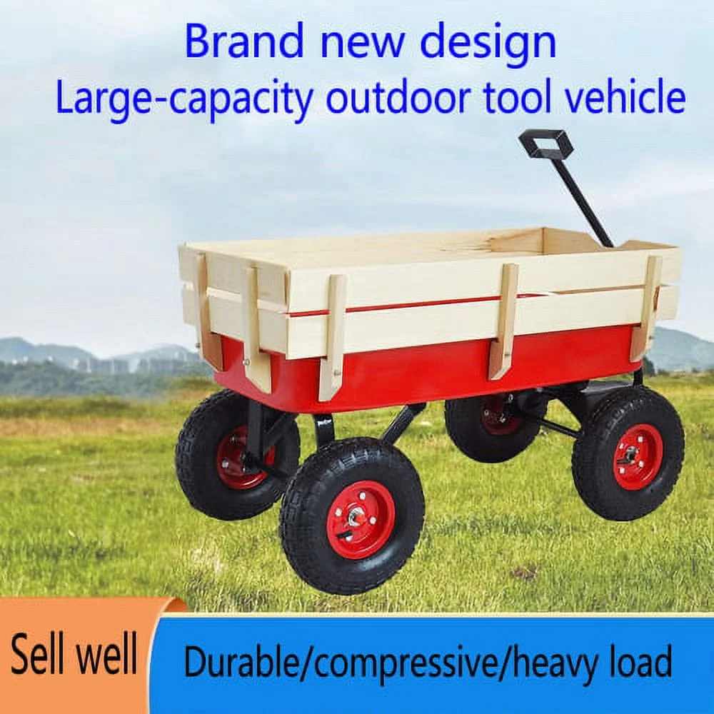 CLEARANCE! Outdoor Sport Red Wagon All Terrain Pulling w/Removable Wooden Side Panels Air Tires Big Foot Panel Wagon 330 lbs. Weight Capacity Sturdy All Steel Wagon Bed Kids' Pull-Along Wagons (Red)