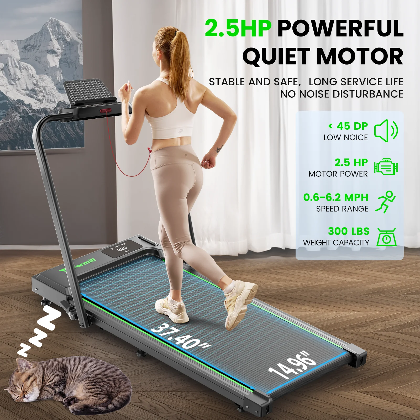 Treadmill 2 in 1 for Home/Office,Patbrela 300 Lbs Walking Pad Treadmill with HandleBar,Under Desk Treadmill with Mat, Touch Control,LED Display & Remote Control