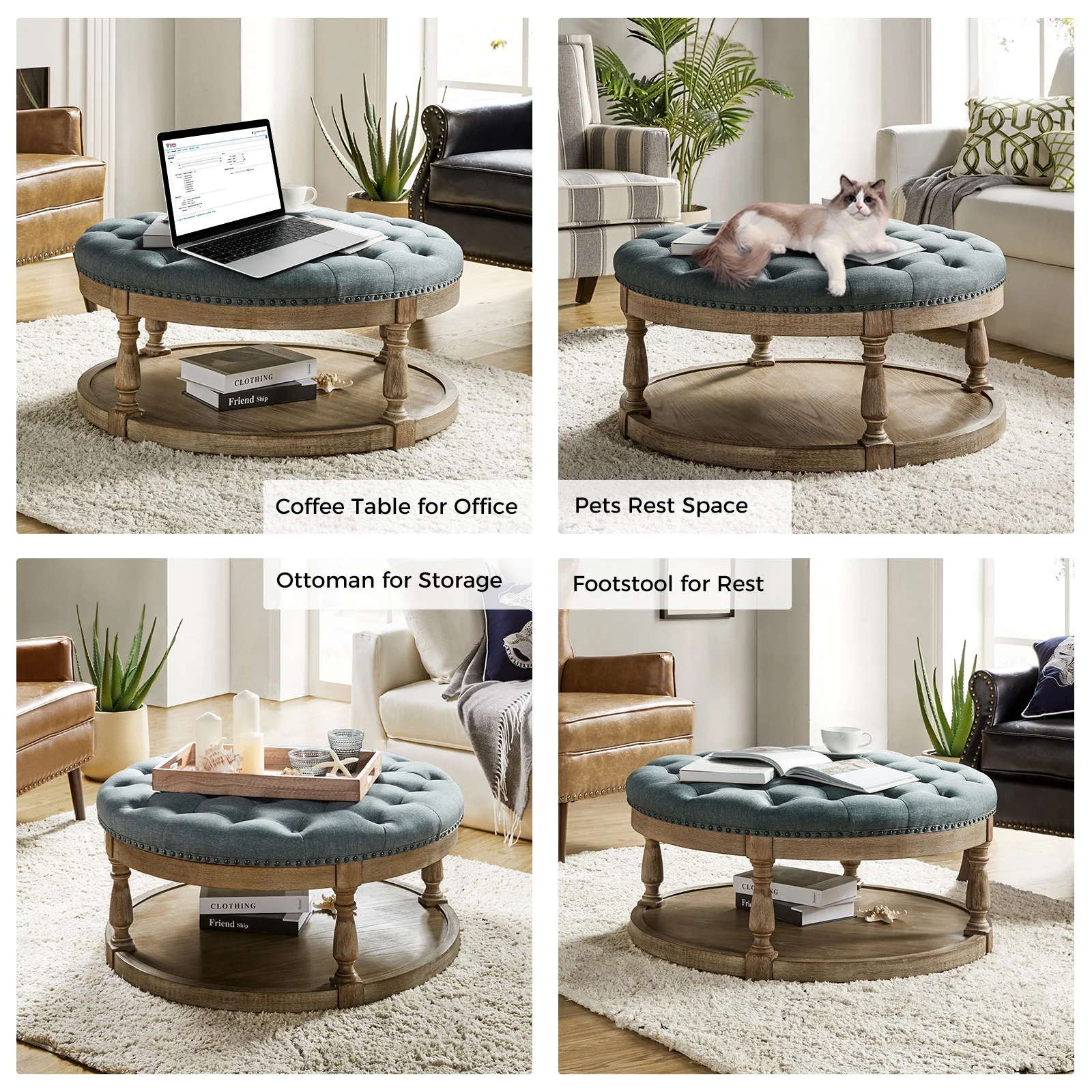 36'' Wide Blue Round Large Ottoman Tufted Coffee Table with Storage Wood Legs Home Living Room