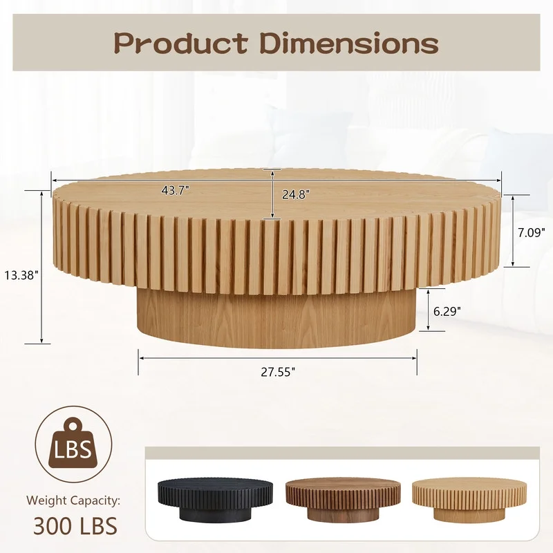 FFH 43.7 inch Oval Coffee Table for Living Room,Handcraft Rustic Corner Coffee Table Nature Wood Relief Sturdy Pedestal for Apartmen,Side Table Centre Table,Nature Wood
