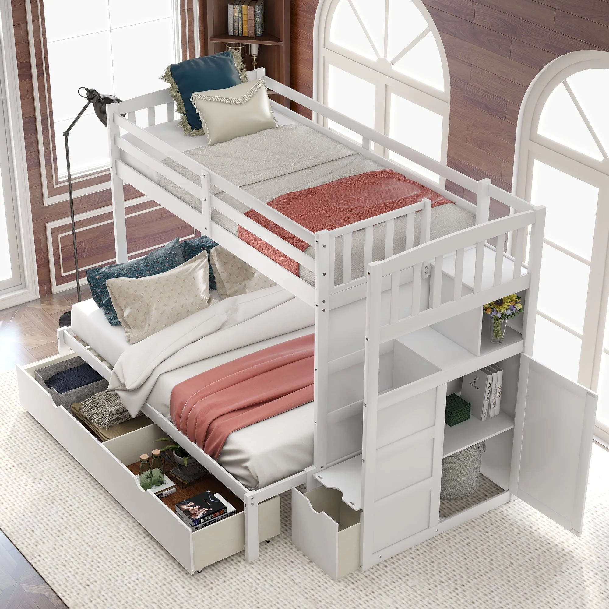 Euroco Twin over Twin Bunk Bed with Drawer and Cabinet for Kids Bedroom, White