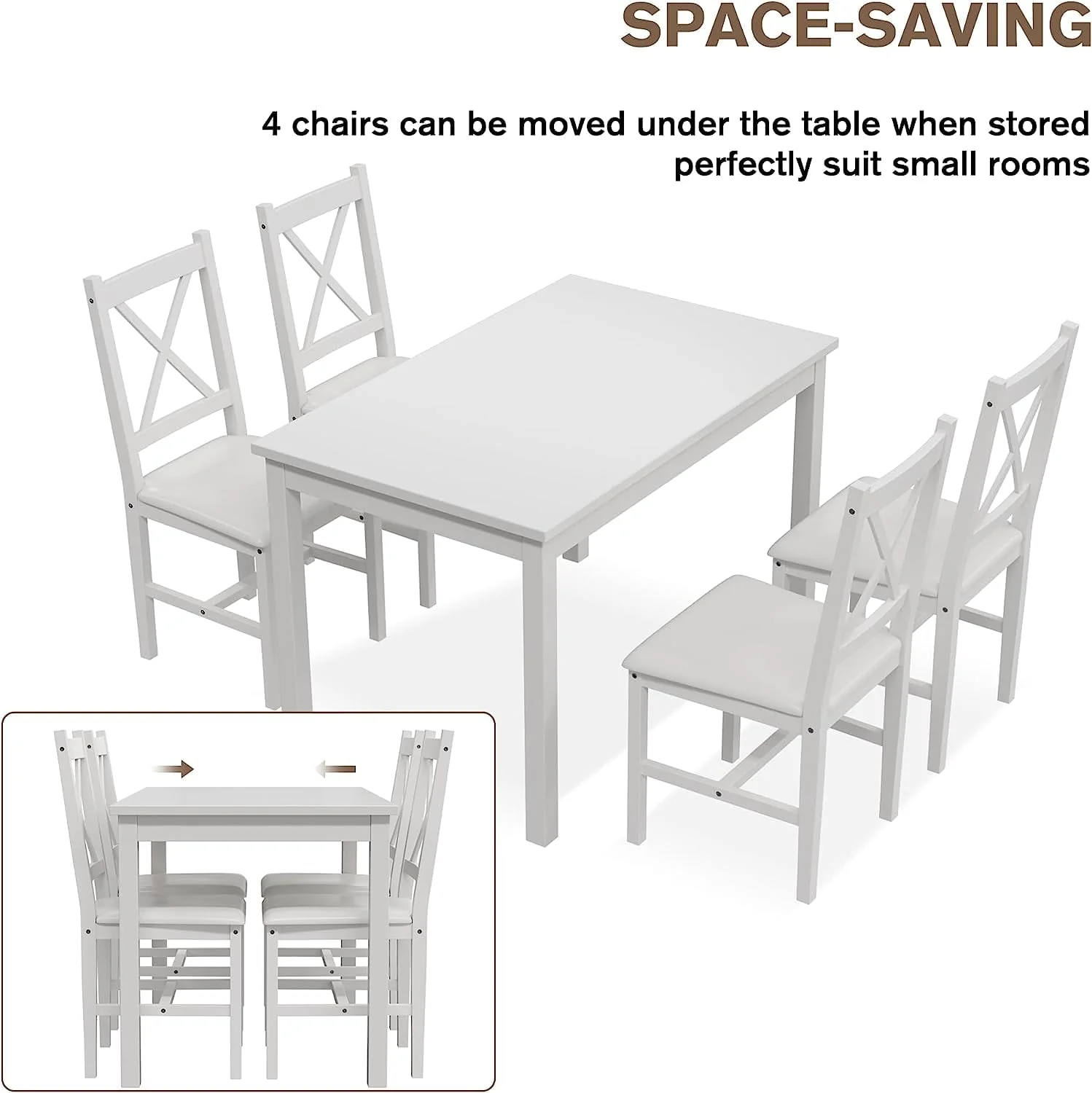 Alohappy Dining Room Table Set for 4, 5 Piece Kitchen Table Set, Morden Wood Rectangle Breakfast Table and Chairs for Small Space, Easy Assembly (White)