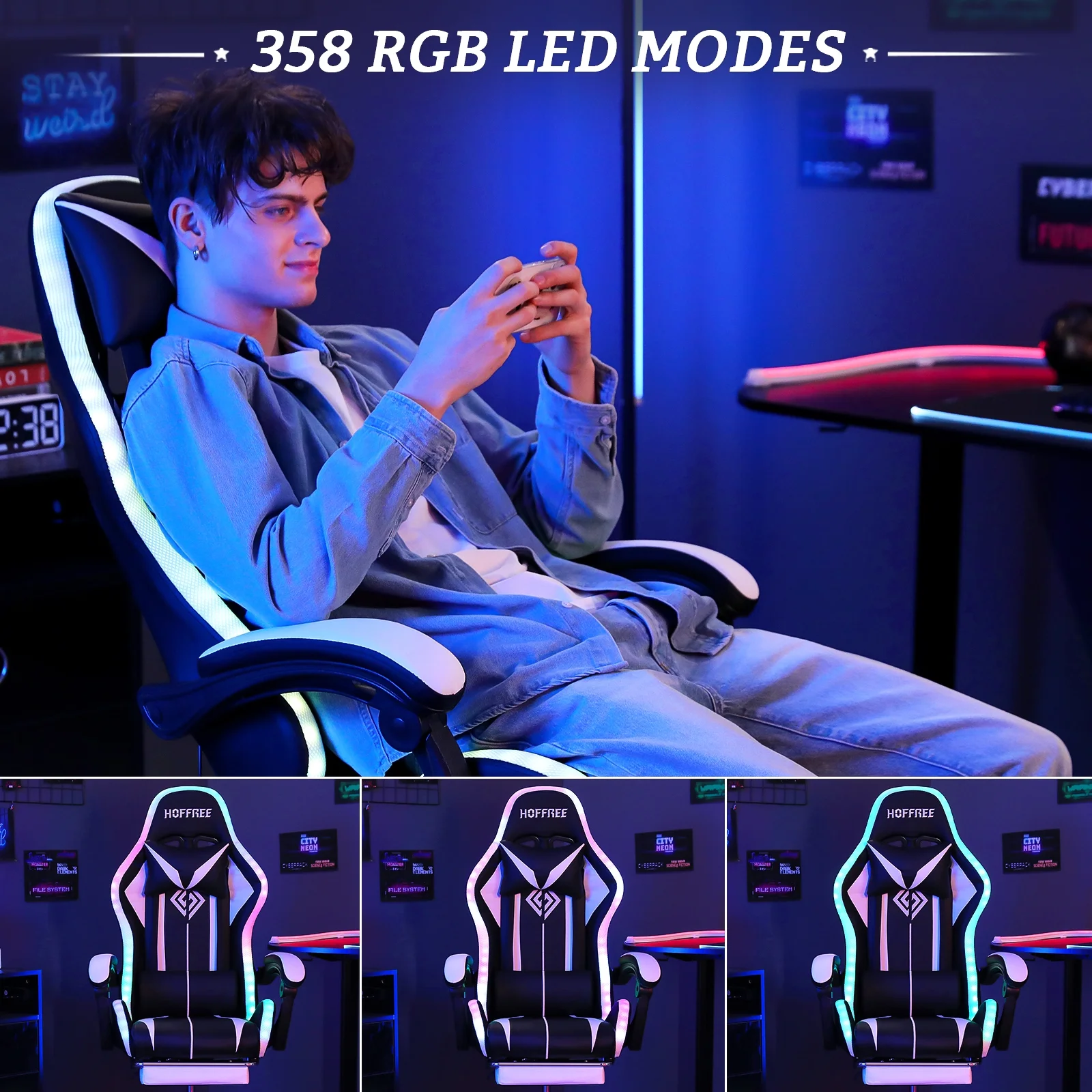 Hoffree Gaming Chair with Speakers PU Leather Office Chair with Footrest and LED Lights Ergonomic Gamer Chair with Massage Lumbar Support and Headrest Adjustable Swivel for Home Office 300lb