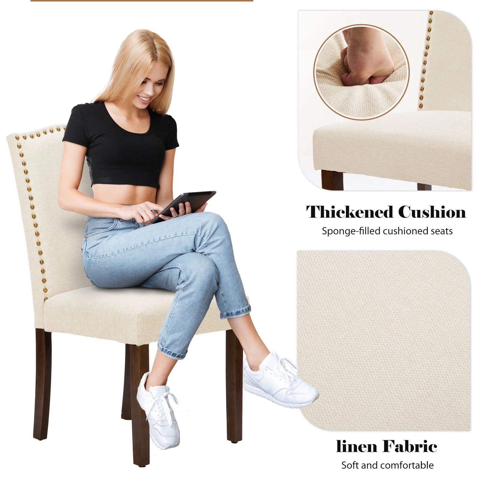 EDX Dining Chairs Set of 2, Parsons Chairs with Nailhead Trim and Wood Legs