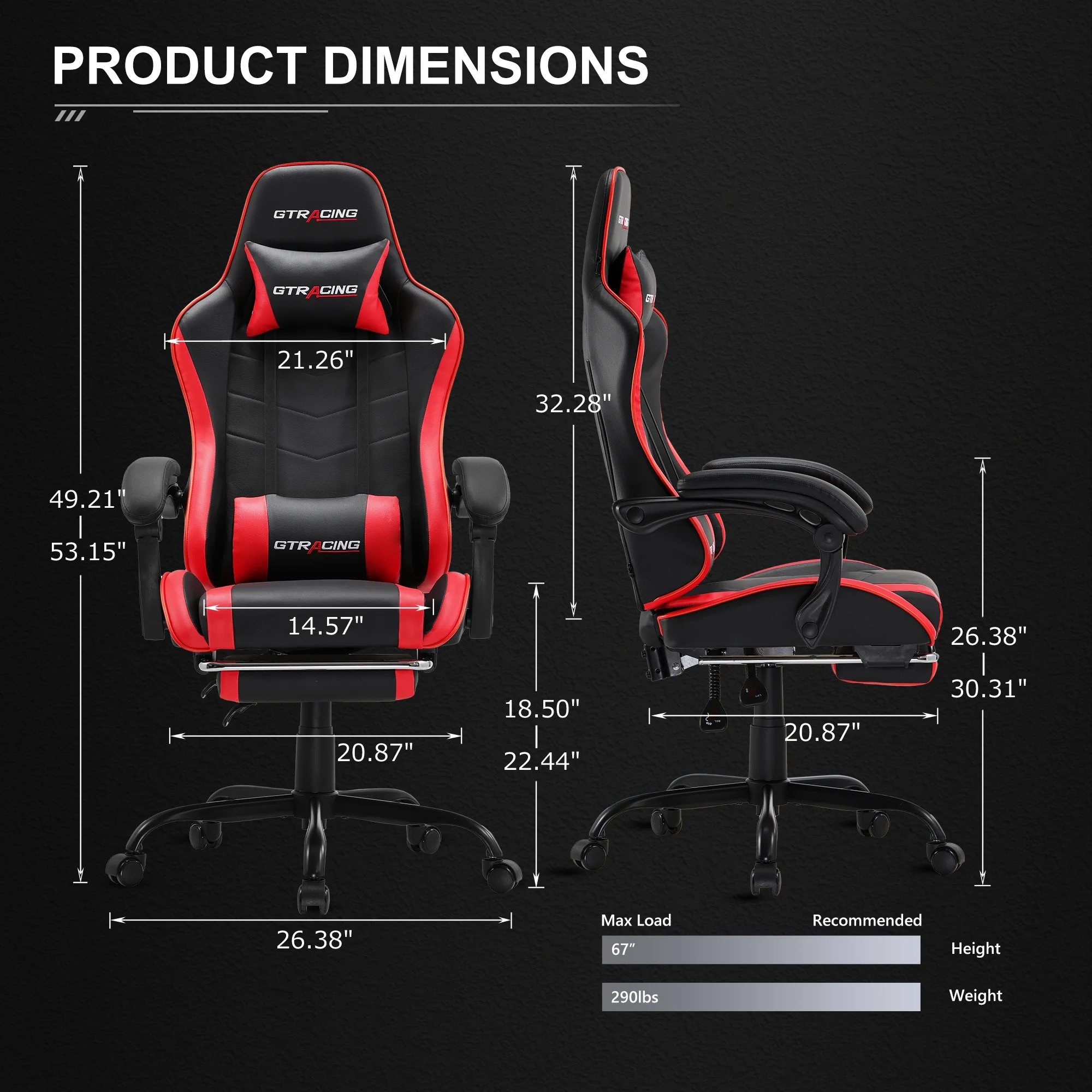 GTRACING GTWD-200 Ergonomic Gaming Chair with Adjustable Pillows and Footrest , Red