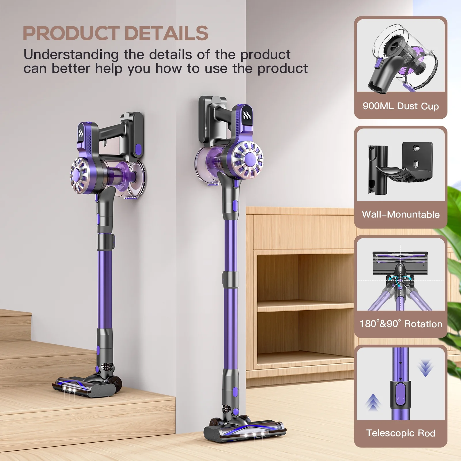 GOOVI Cordless Stick Vacuum Cleaner, Powerful Suction Lightweight Vacuum Cleaner for Hard Floor