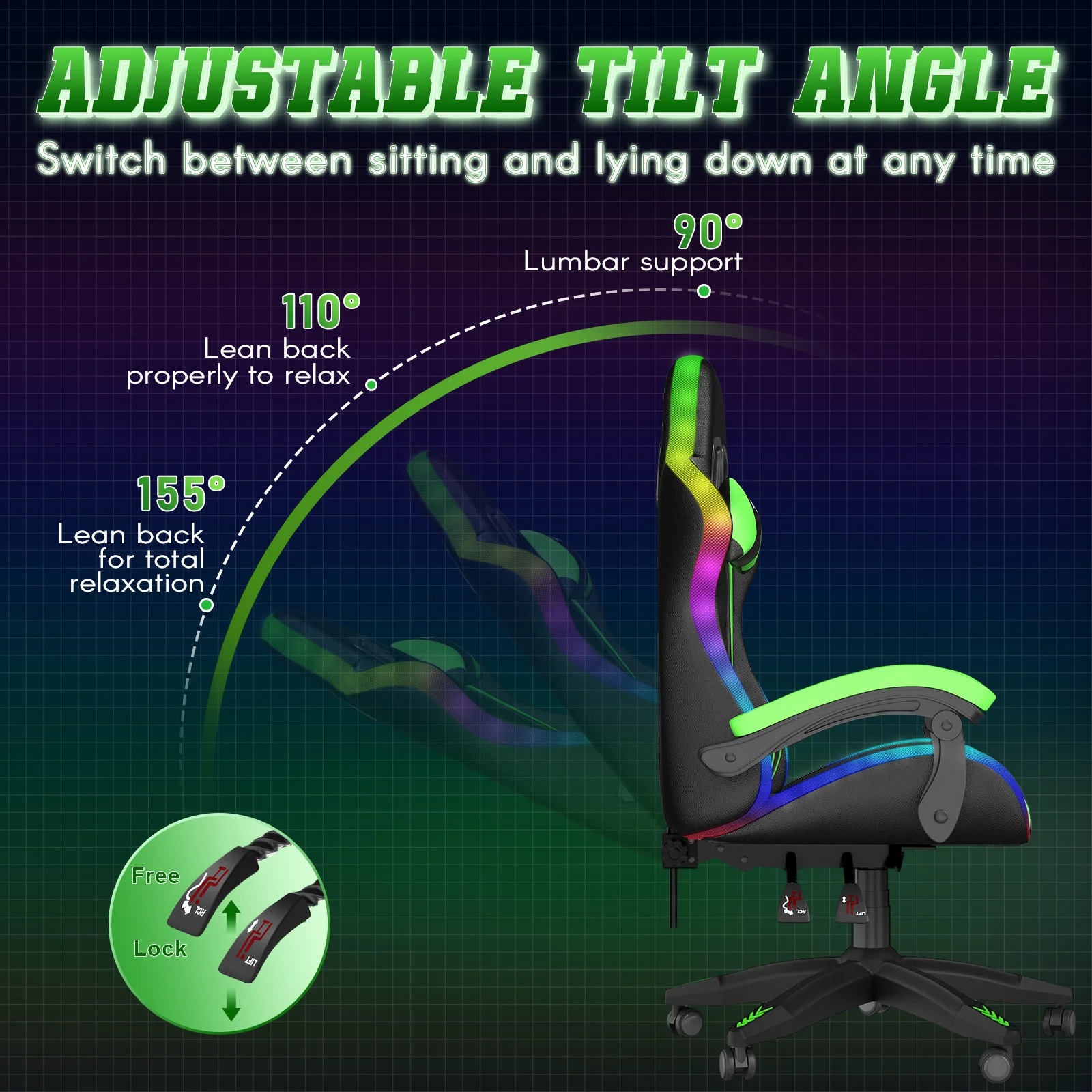Bigzzia Gaming Chair with LED Lights Ergonomic Office Chair for Adults and Kids - Adjustable Height, 360�� Swivel, Headrest Support, Mesh PU Leather, Black & Green