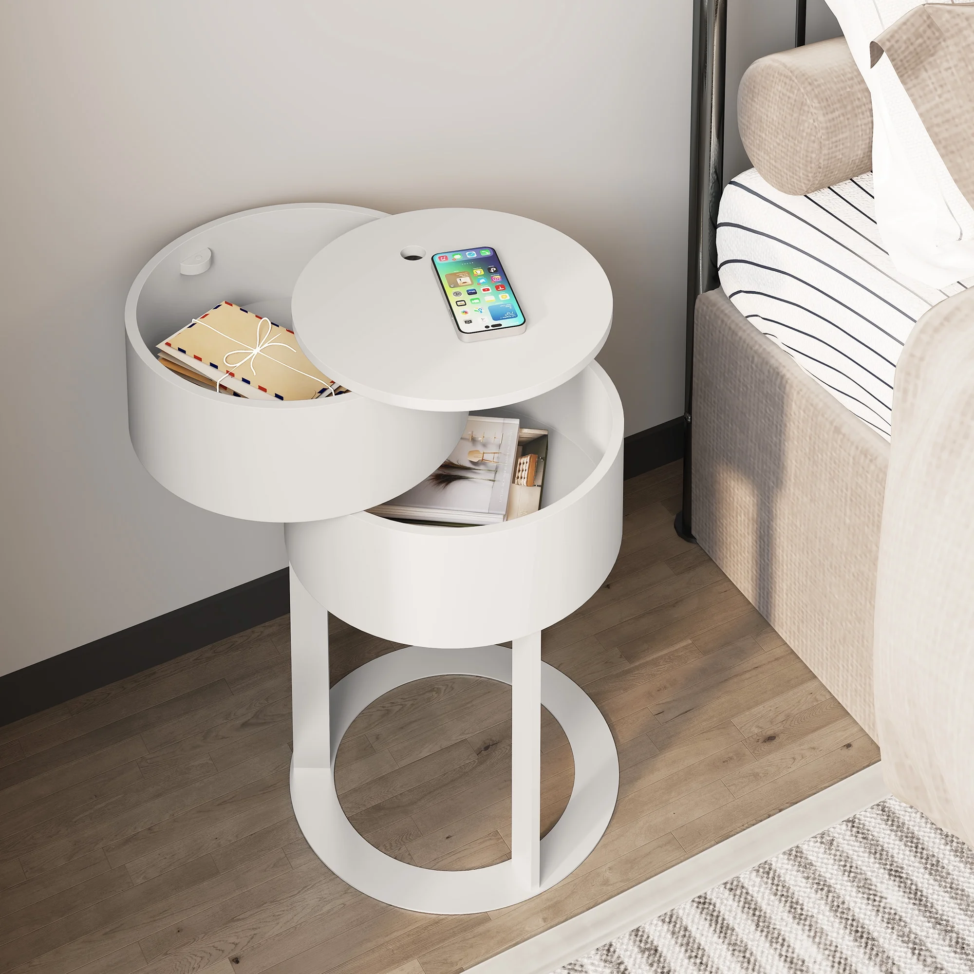 HLR Modern Round Wood Nightstand with Drawer, 2-Tier End Table for Living Room, Bedroom, Black