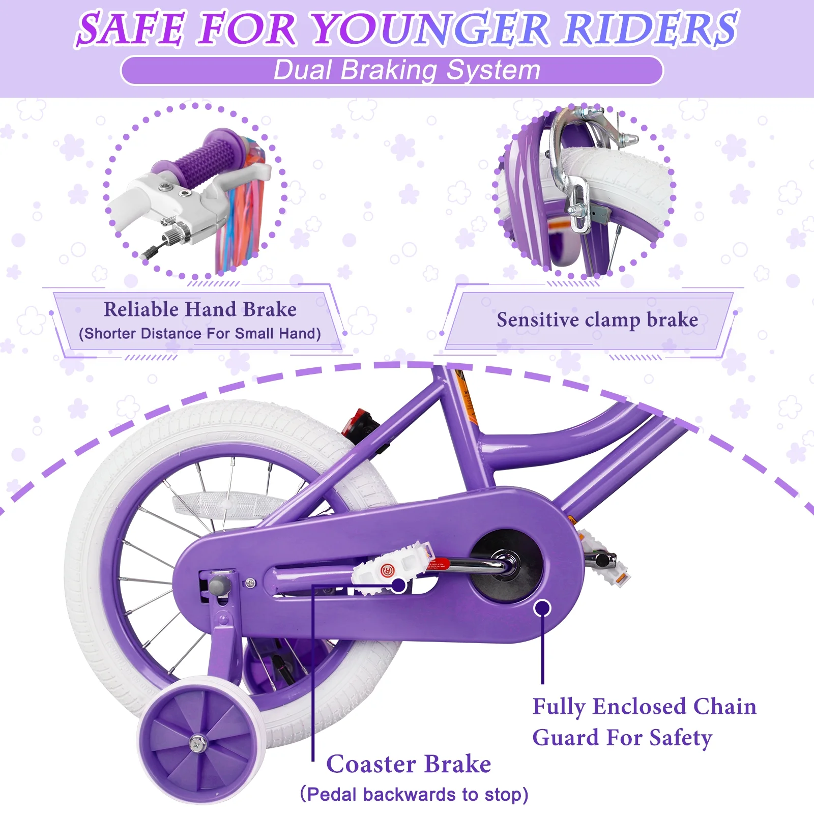 XJD Girls Bike for Toddlers 3-9 Years Old Kids, 14 Inch Kids Bike with Training Wheels, Streamers, Basket and Doll Seat, Children Bicycles with Handbrake