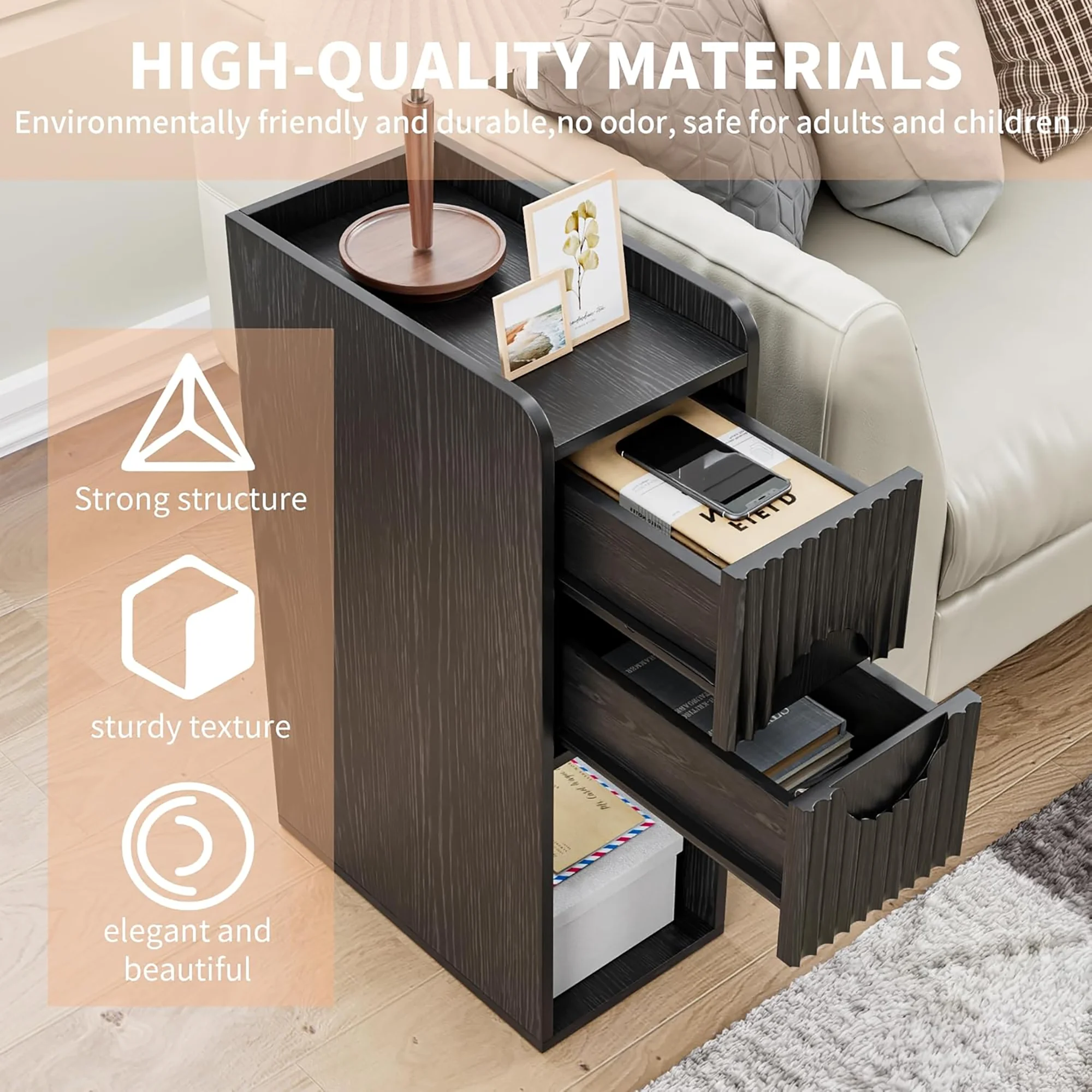 Narrow Nightstand Set of 2 with Drawers, Fluted Slim Side End Table with Storage for Small Spaces