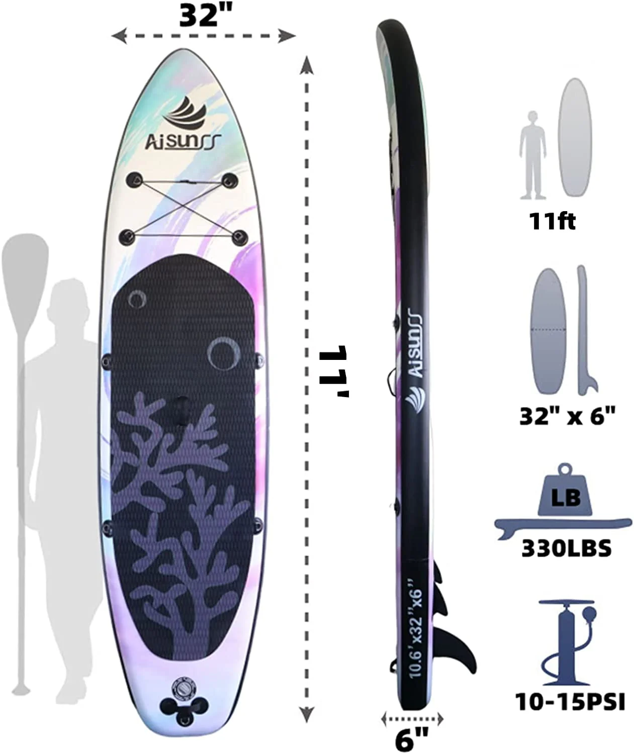 AISUNSS Inflatable Stand up Paddle Board 11ft with Premium SUP Accessories Purple Paddle Board