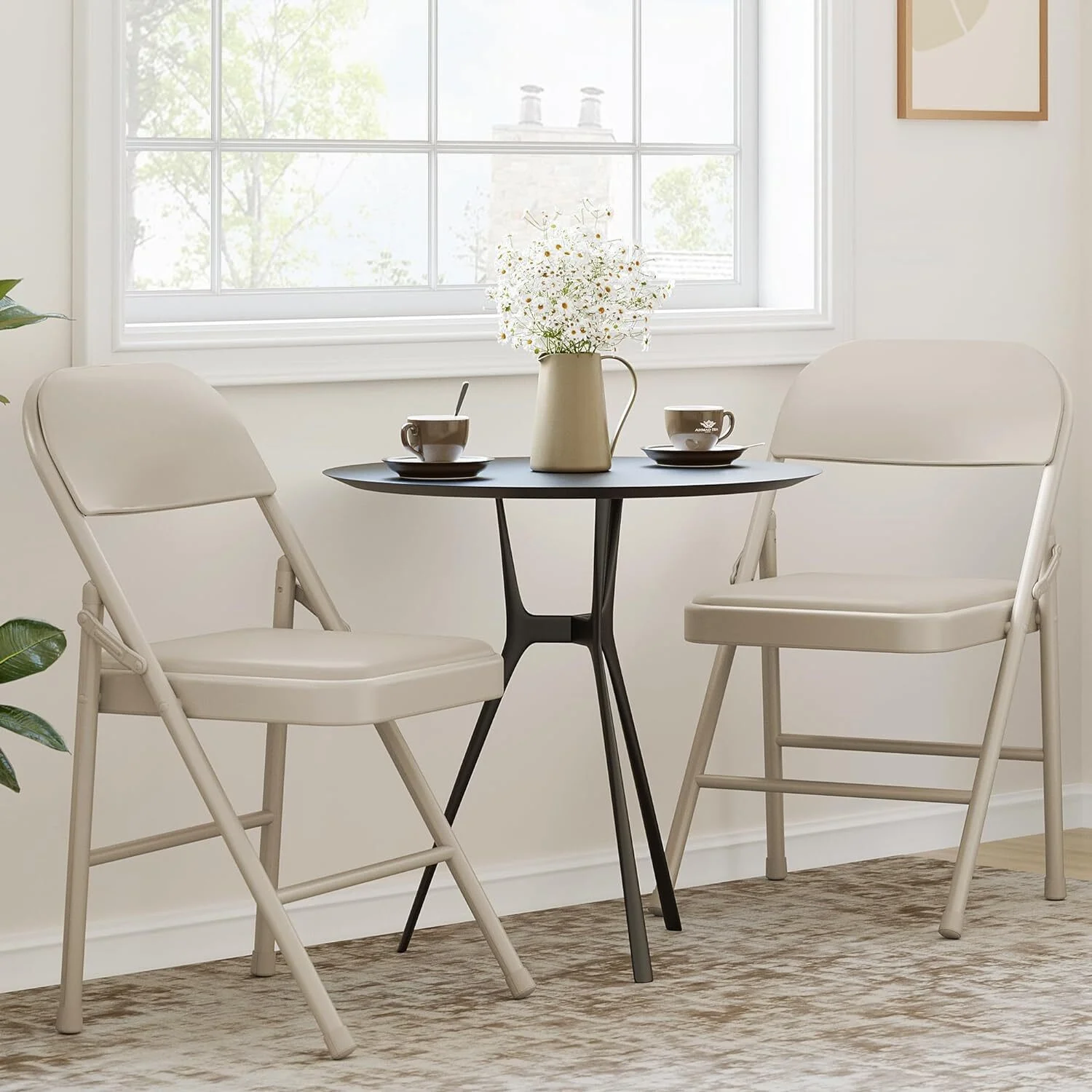 HOMEFAN Folding Chairs Set of 4, PU Upholstered Foldable Chairs with Metal Frame Hold Up to 350 Pounds for Dining Room, Living Room, Office, Beige