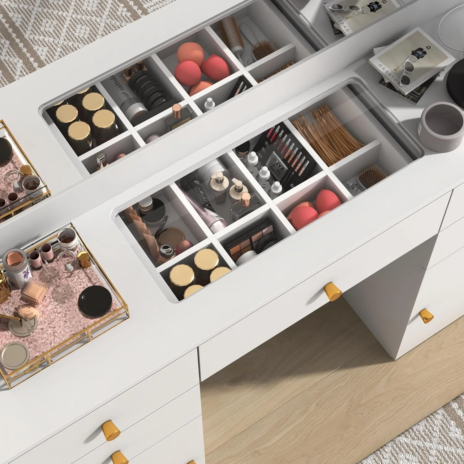 White Vanity Desk with Large Lighted Mirror & Power Outlet, Makeup Vanity Table with Glass Top & Drawers, Sliding Storage, 44.1