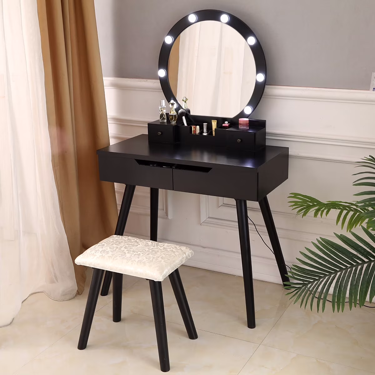 Ktaxon Vanity Set with Round Lighted Mirror, Makeup Dressing Table with 8 Light Bulbs & Cushioned Stool Set,Bedroom Vanities Set Black