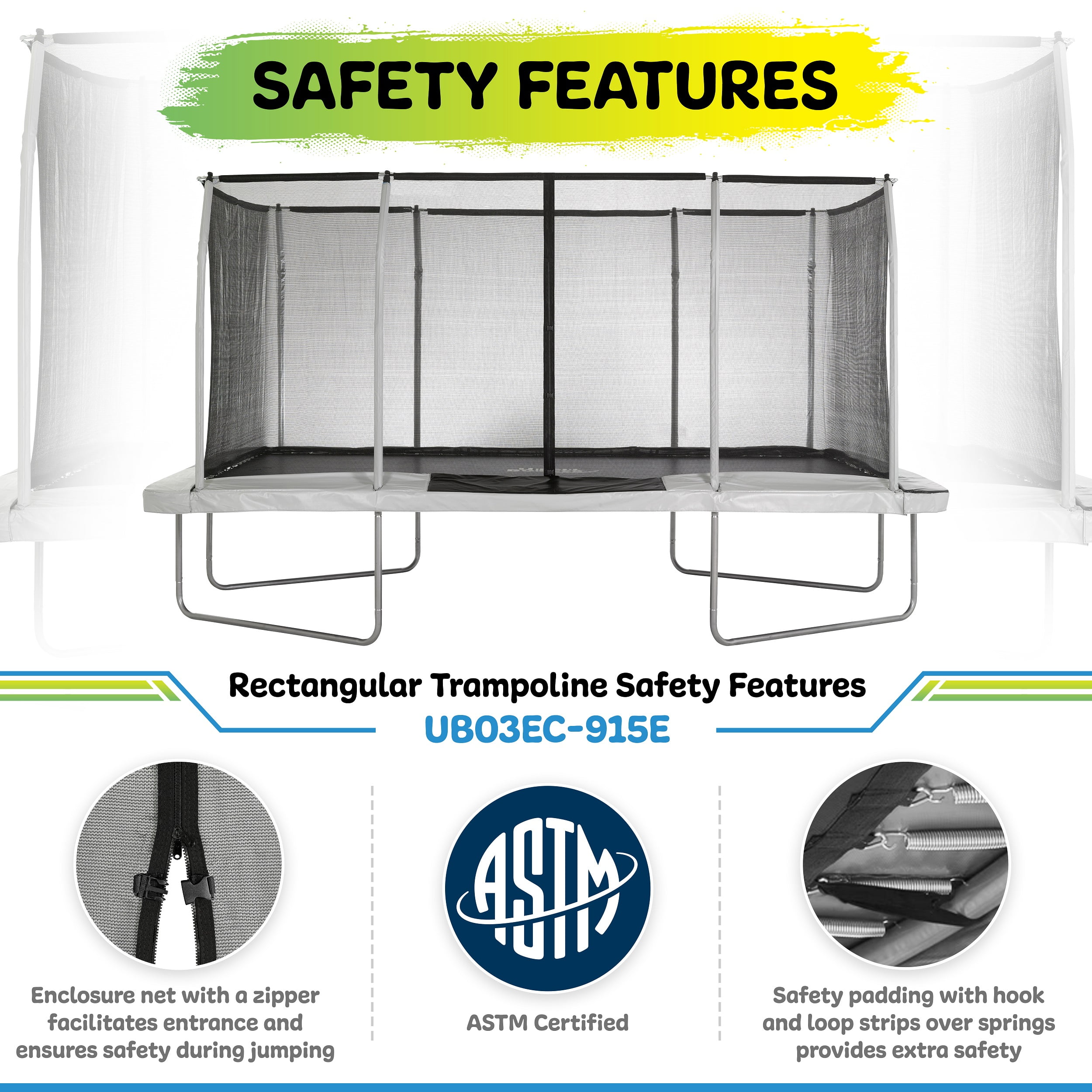 Machrus Upper Bounce - Mega 10' X 17' Gymnastics Style, Rectangular Trampoline Set with Premium Top-Ring Enclosure System - Green/Black