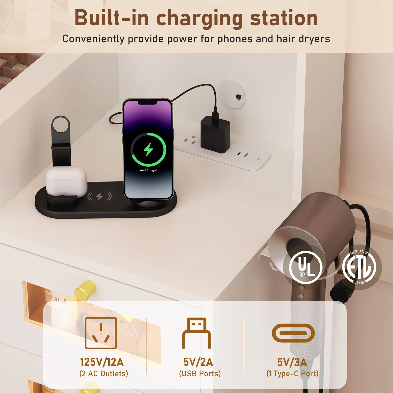 ChVans 62'' Large Vanity Desk with Tempered Glass Top, 11 LED Bulbs, Charging Station, Bedroom Makeup Vanity with 3 Lights Mode LED Mirror, 6 Translucent Drawers, 2 RGB cabinets for Women, Girls Gift