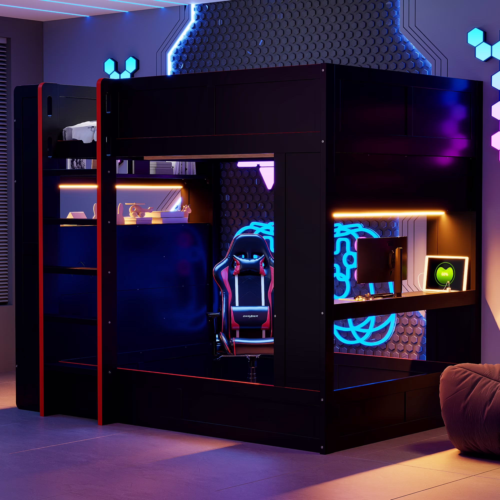 Euroco Wood Full Size Loft Bed with Desk and Shelves, Gaming Bunk Bed with LED Light and USB Charging, Black