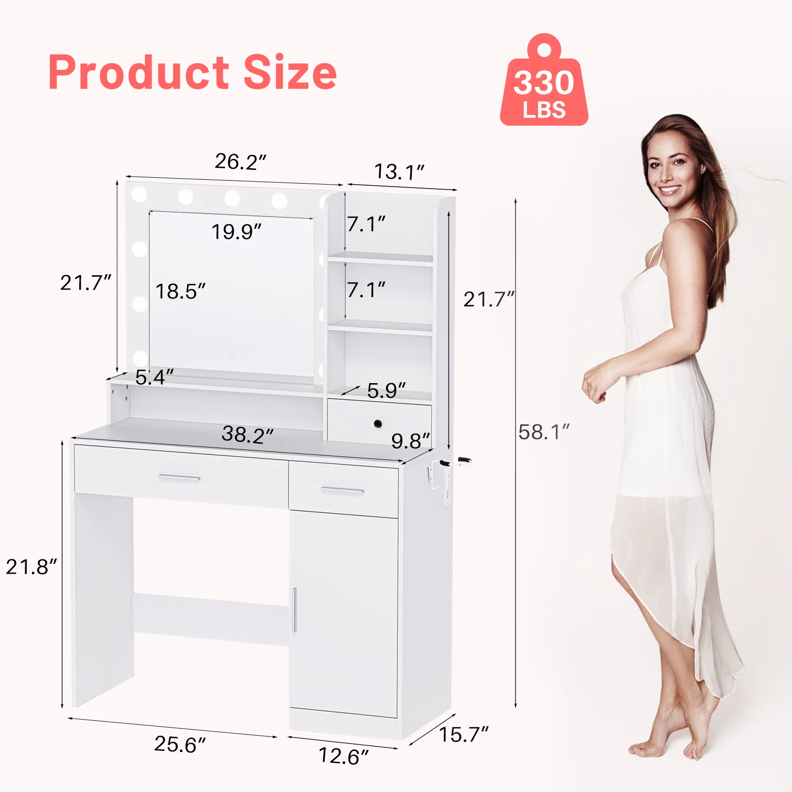 Blorly White Vanity Desk with Mirror, Makeup Vanity Table with LED Lights and Power Outlet, 3 Drawer, 4 Shelves, 1 Cabinet