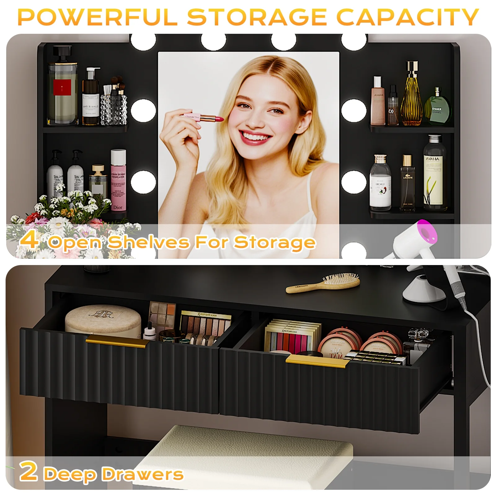 Ktaxon Lighted Makeup Vanity, White Vanity Table Set with 2 Drawer and Charging Station, Femal Gift