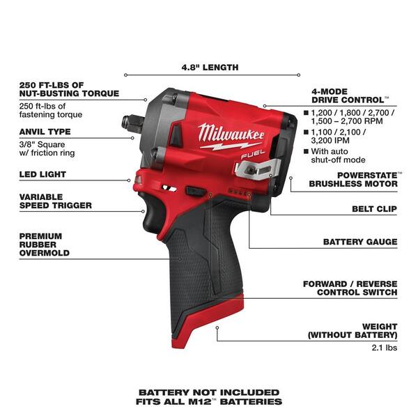 M12 FUEL 12V Lithium-Ion Brushless Cordless Stubby 3/8 in. Impact Wrench / 3/8 in. Ratchet/Die Grinder (3-Tool)