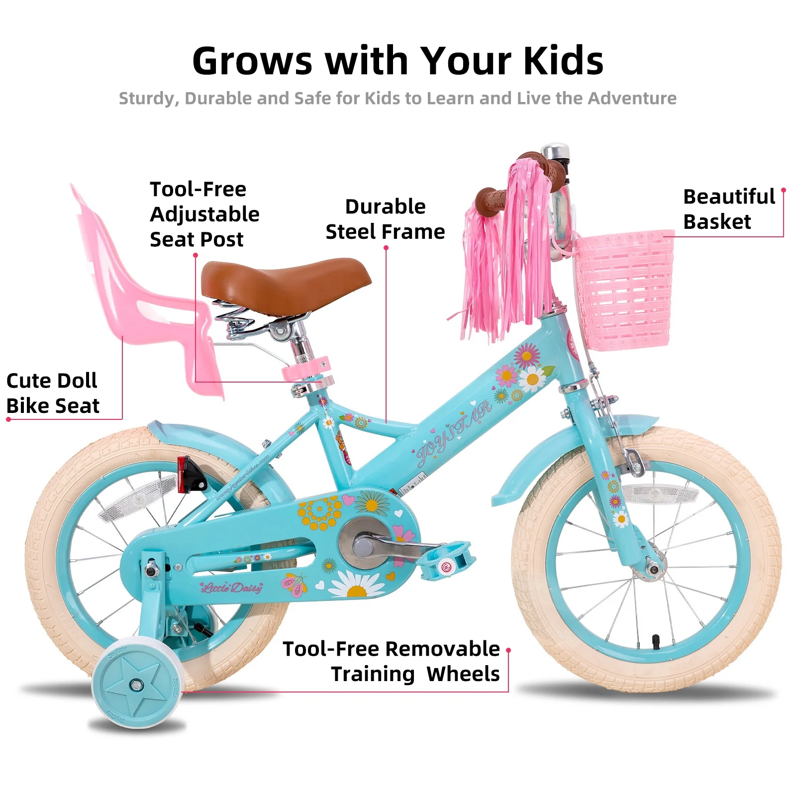 JOYSTAR Little Daisy 14 Inch Kids Bike for 3 4 5 Years Girls with Handbrake Children Princess Bicycle with Training Wheels Basket Streamer Toddler Cycle Bikes Blue