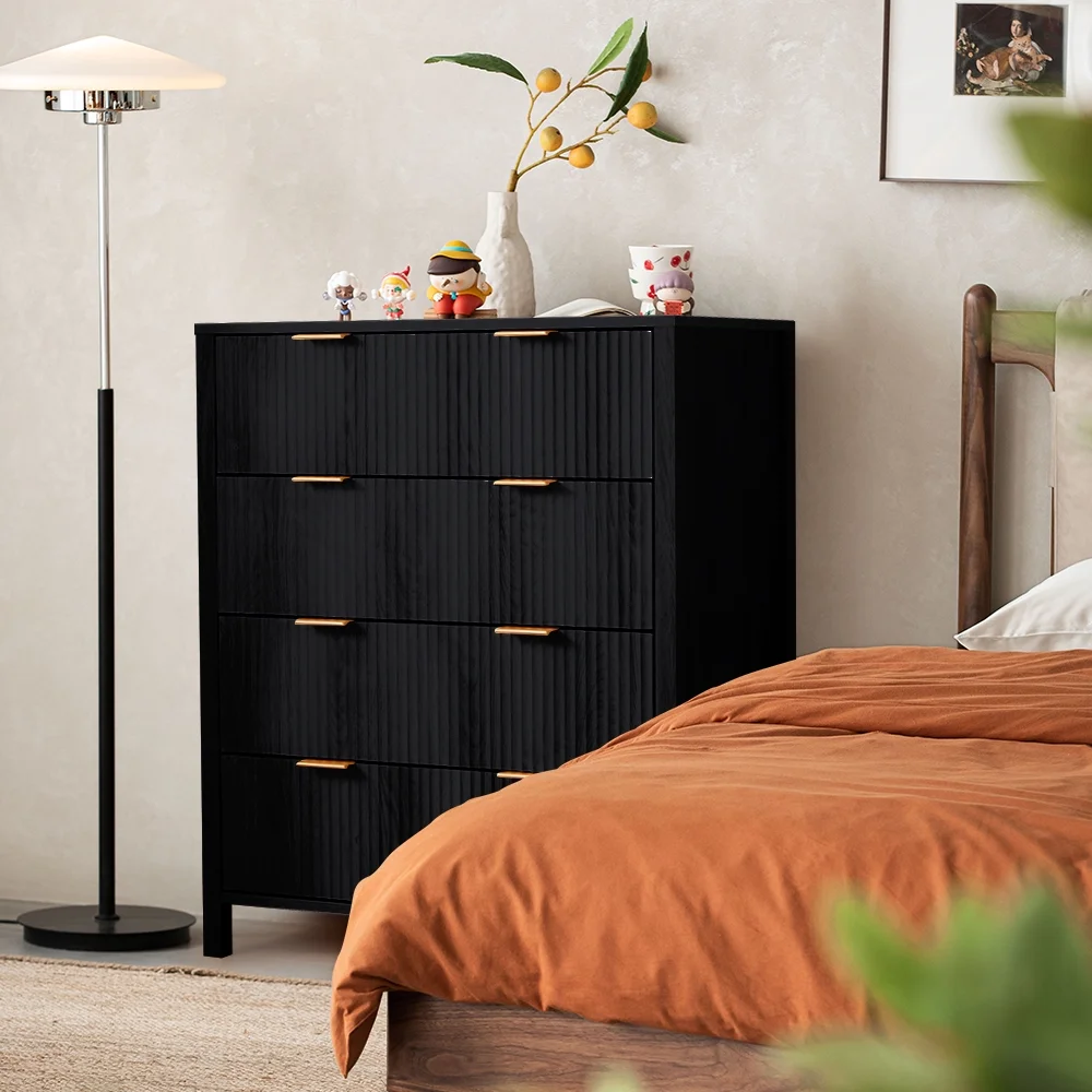 YOCWO Fluted Nightstand for Bedroom Set of 2 , Wood Bedside Table Set of 2 with Drawers, Black