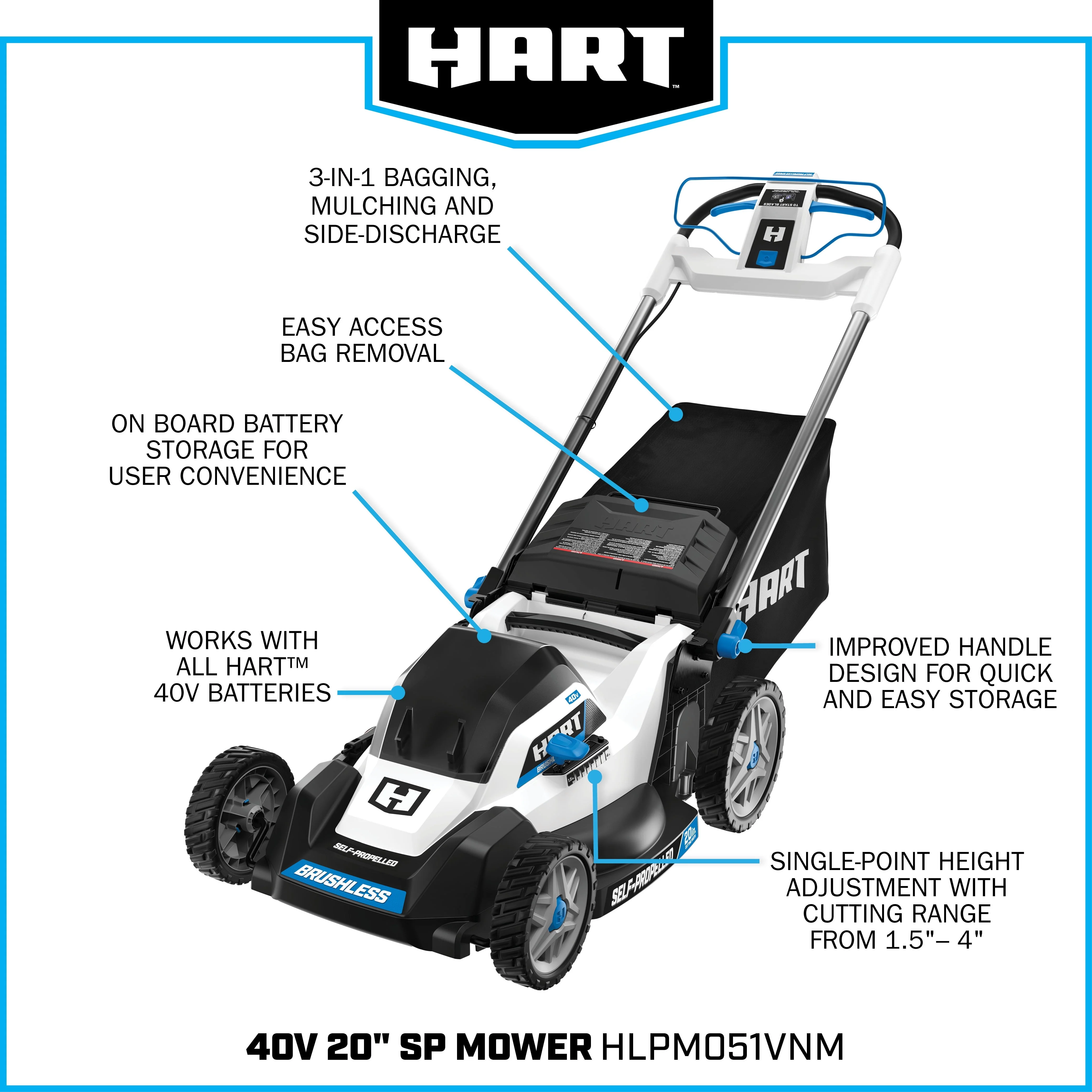 HART 40-Volt 20-inch Self-Propelled Battery-Powered Brushless Mower Kit, (1) 6.0Ah Lithium-Ion Battery