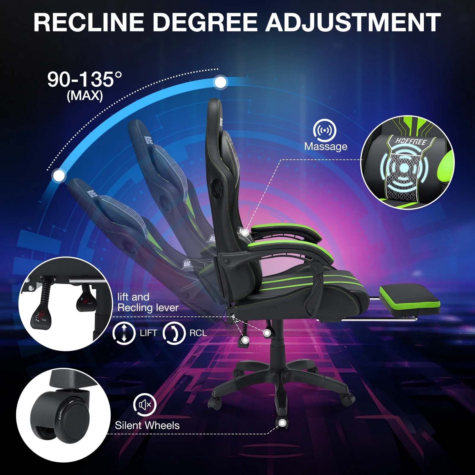 HOFFREE Big and Tall Gaming Chair with Speakers and RGB Lights, Gamer Chair with Footrest, Lumbar Support Height Adjustable 360-Swivel Seat and Headrest for Adults, 400lbs