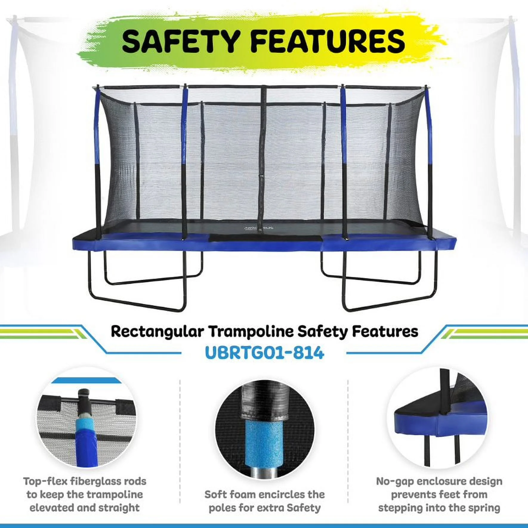 Machrus Upper Bounce - Mega 10' X 17' Gymnastics Style, Rectangular Trampoline Set with Premium Top-Ring Enclosure System - Green/Black
