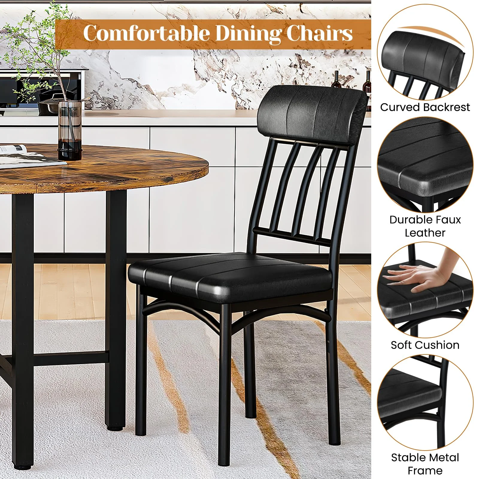 Furlinkhm Round Dining Table Set for 4, Wood Round Kitchen Table and Chairs Set for 4, Modern Dining Room Table Set with 4 Faux Leather Chairs, Round Dinner Table for Small Space, Walnut