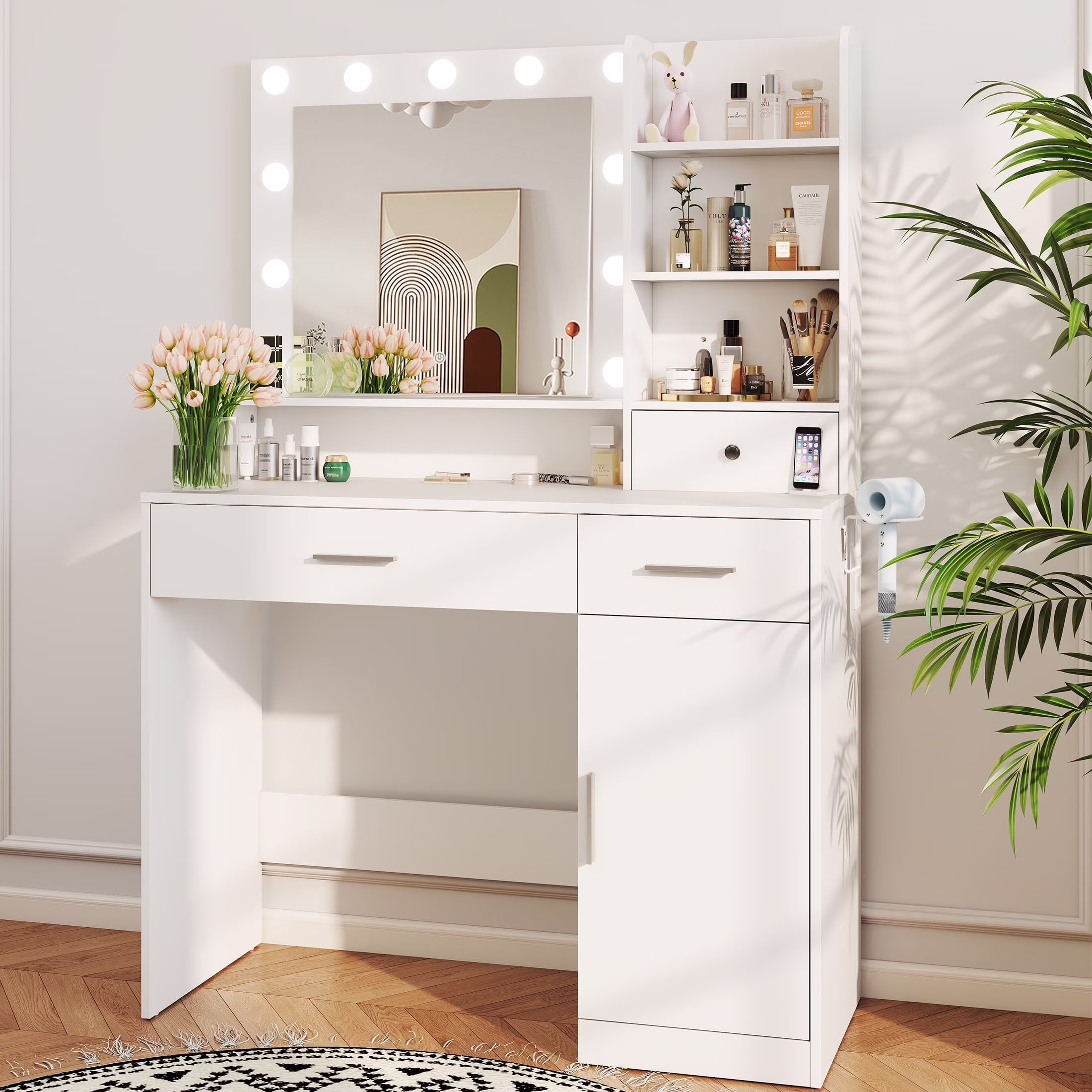 edx Vanity Desk with Mirror, Makeup Vanity Table with 3 Color Light Options Adjustable Brightness for Bedroom Dressing Room, White