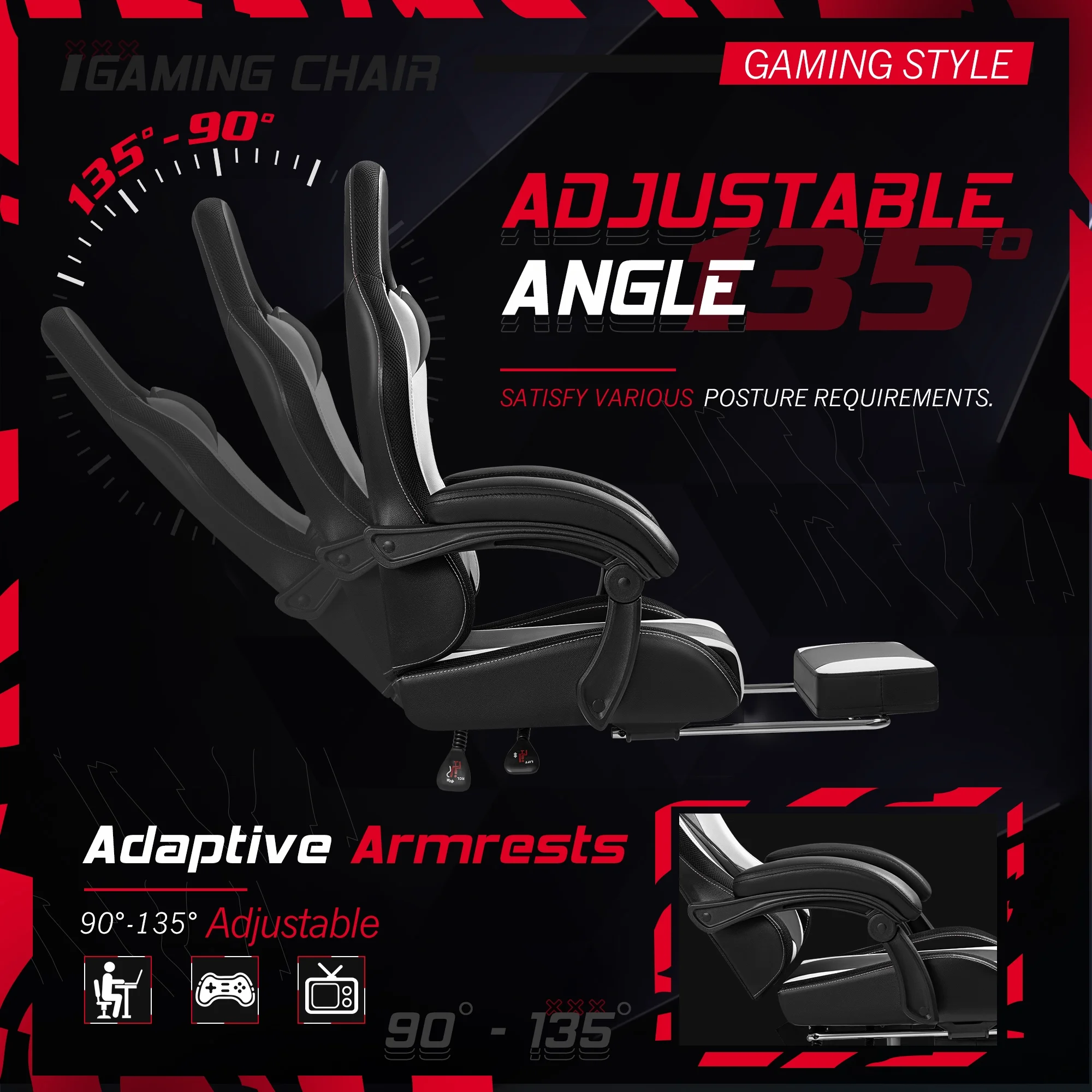 Homall RGB Gaming Chair with Massage and LED Lights Ergonomic Computer Chair with Footrest & Adjustable Lumbar Support, White