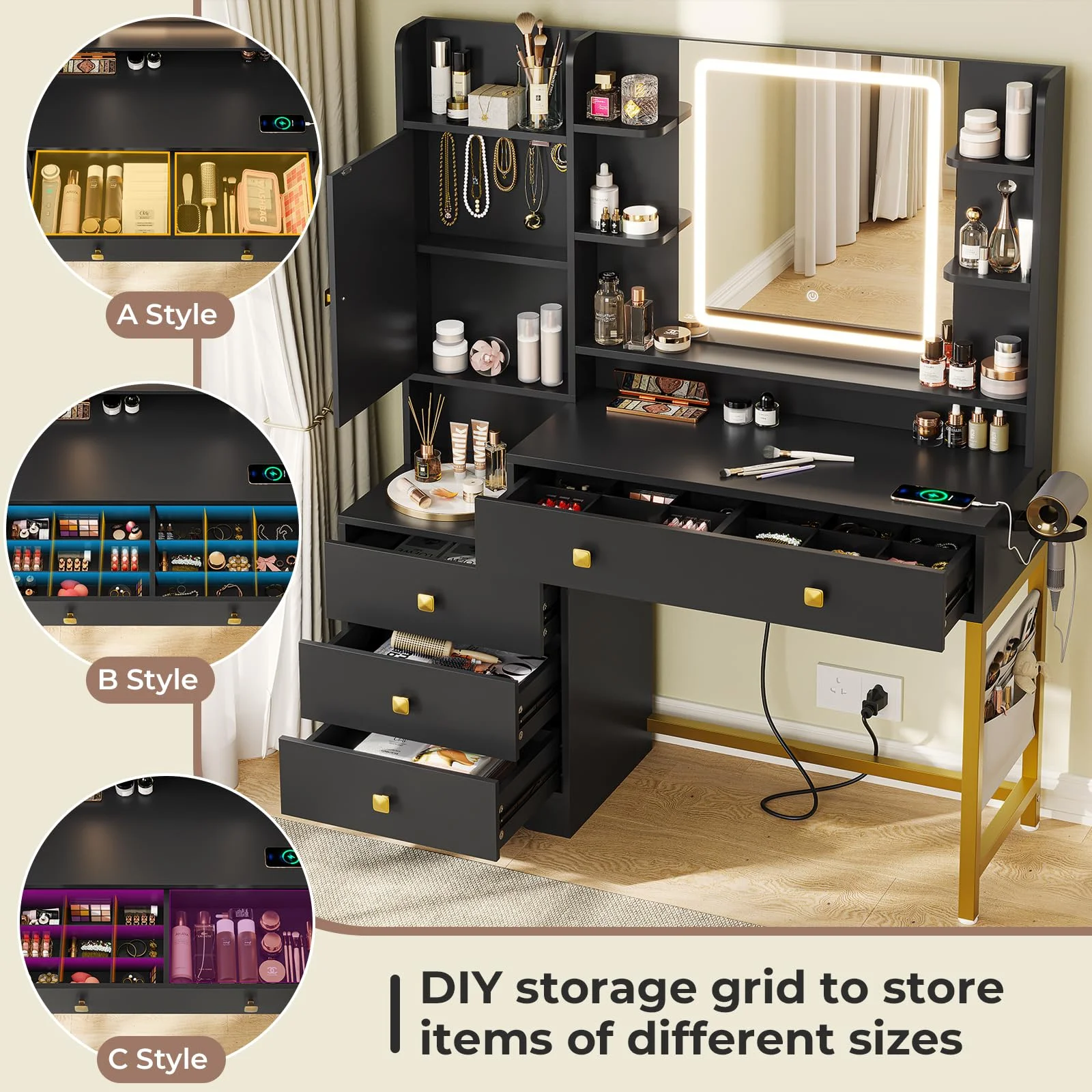 Makeup Vanity Desk with Lighted Mirror & Charging Stations & 6 Drawers Large Vanity Table Bedroom Dressing Table with Glass Tabletop&Side Cabinet&Glass Tabletop, Black