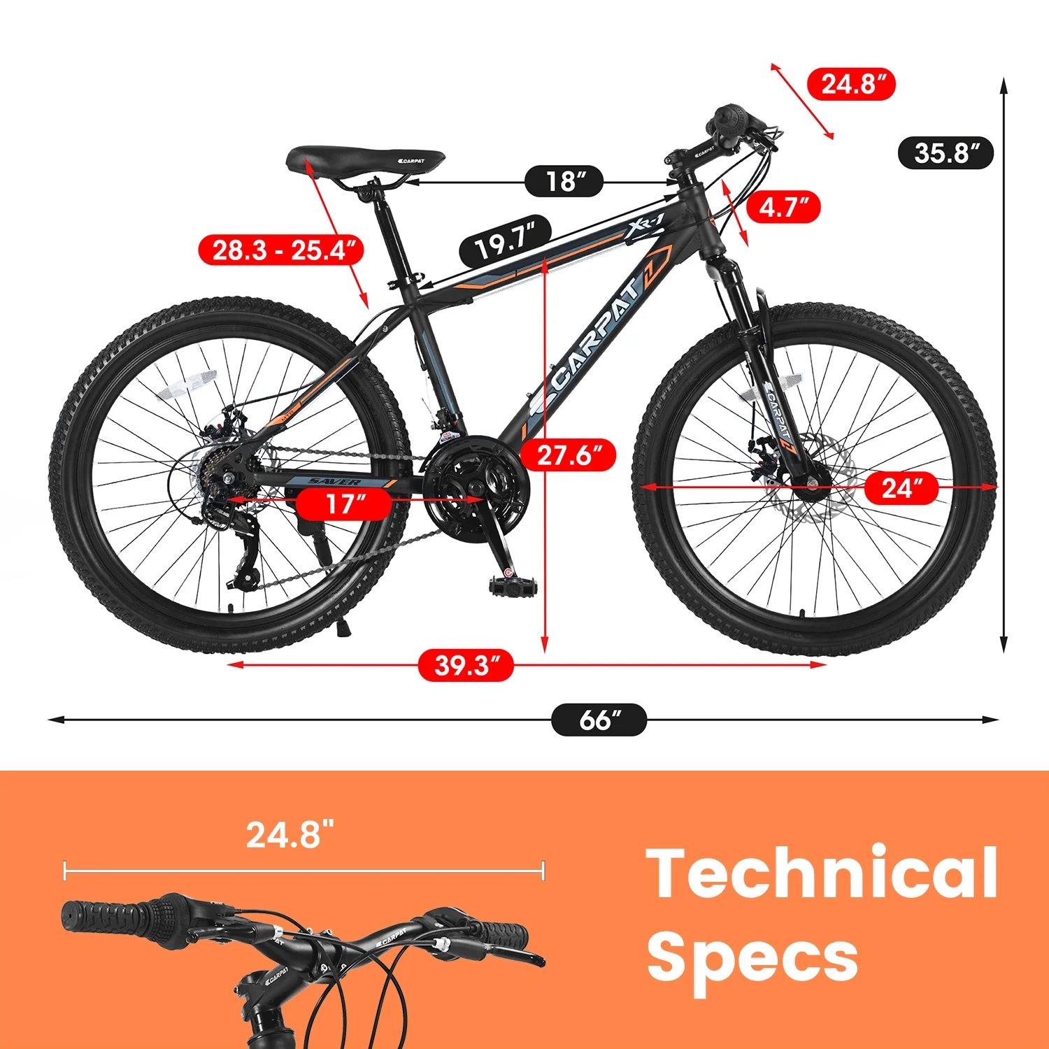 Ecarpat Mountain Bike, 24-Inch Wheels Bikes Shimano 21-Speed with High Carbon Steel Frame Mechanical Disc Brakes Front Suspension Fork for Youth Adults Multiple Colors