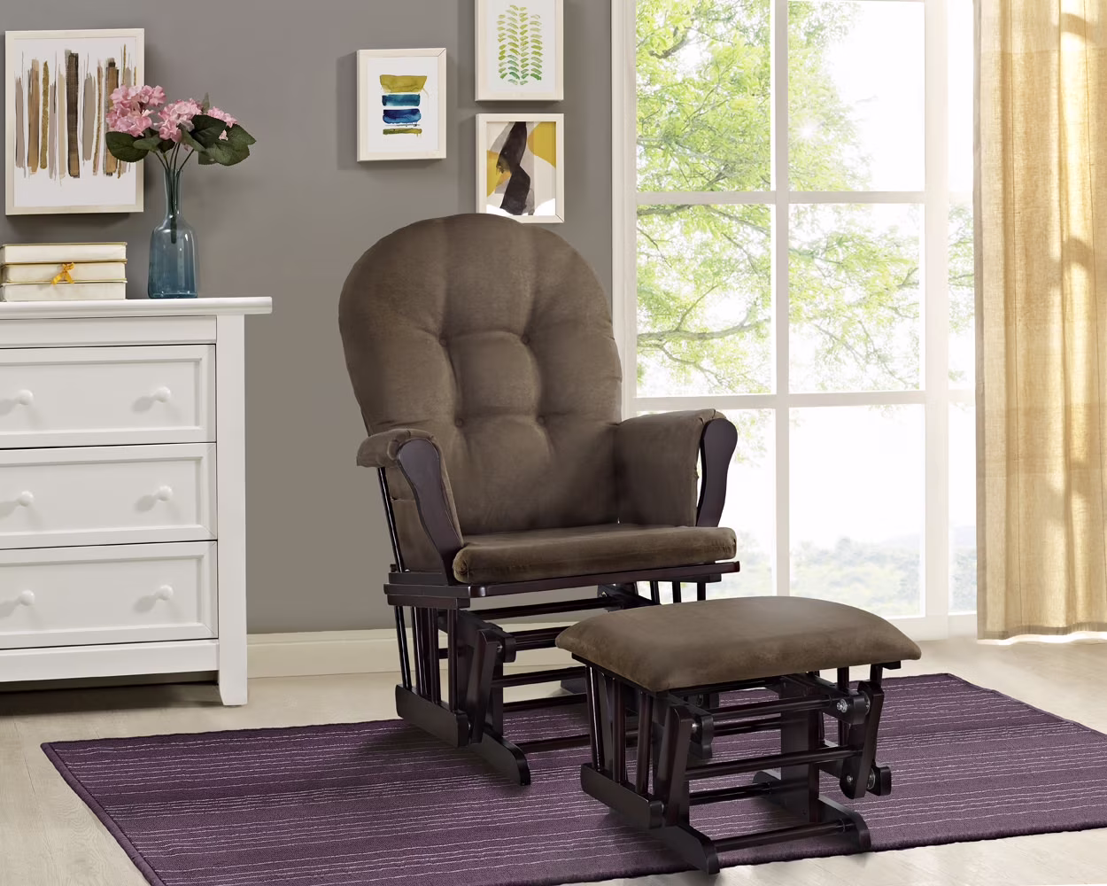 Angel Line Windsor Glider and Ottoman, Natural Finish with Gray Cushions