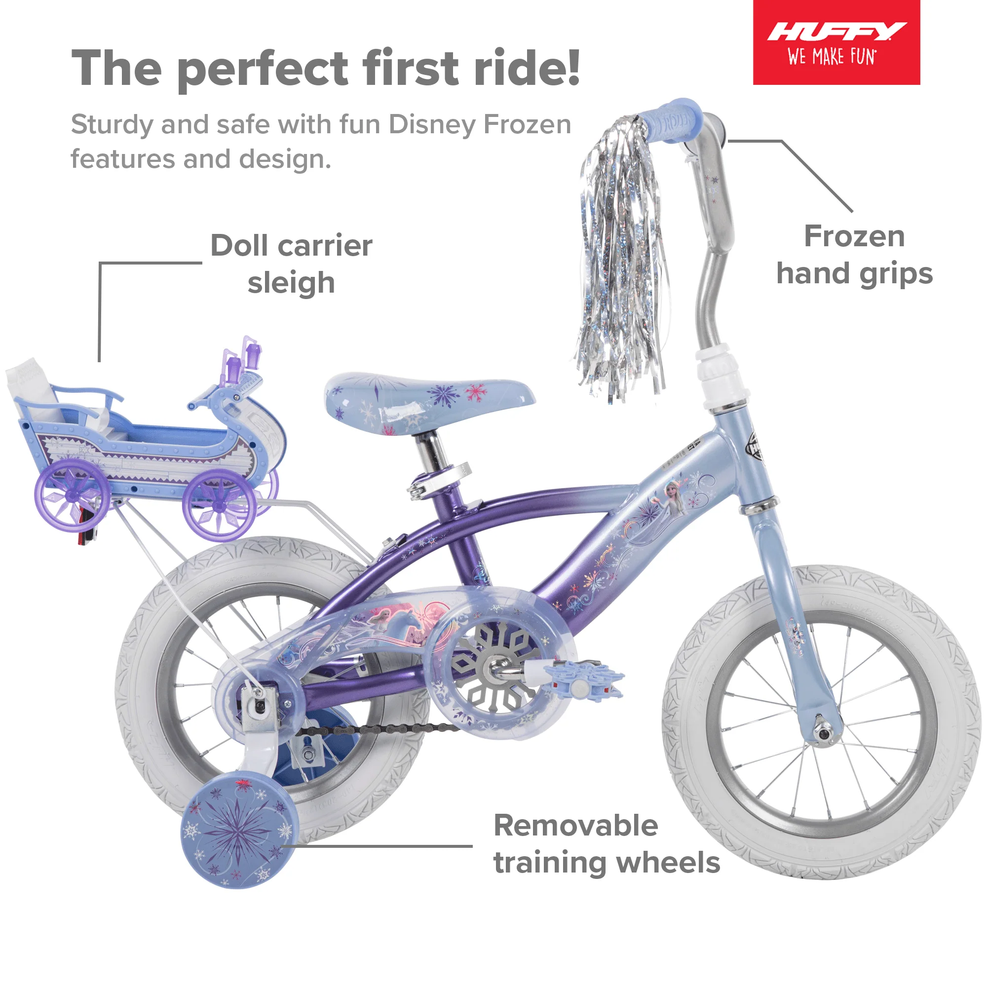 Disney Frozen 12 in. Bike with Doll Carrier Sleigh for Girl's, Ages 2+ Years, White and Purple by Huffy