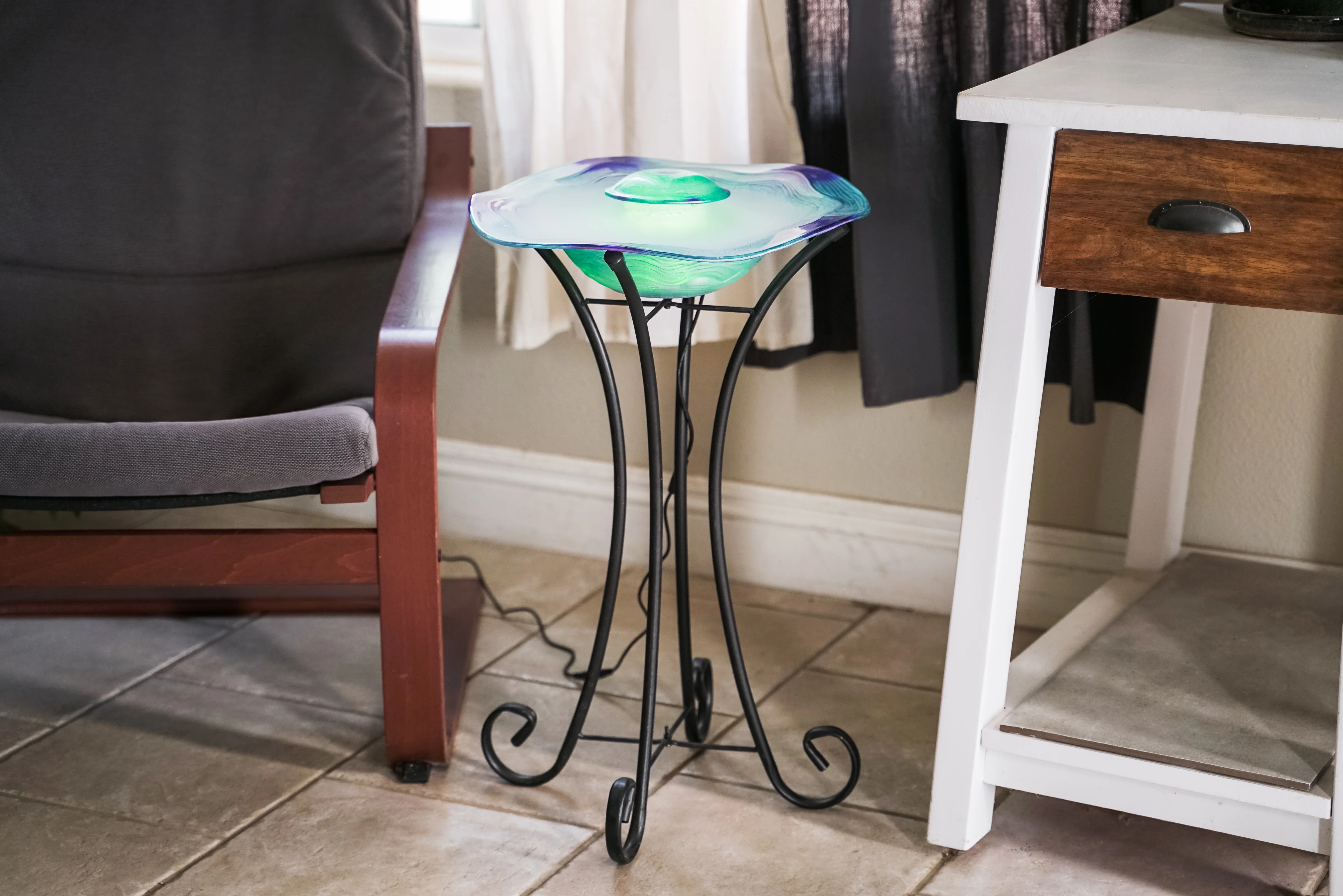 XBrand 27in Tall Floor Mist Fountain with 12 Color Changing LED Lights and Inline Control - Blue Glass and Metal Design, Blue Freestanding Mist Fountain, Indoor Mist Fountain