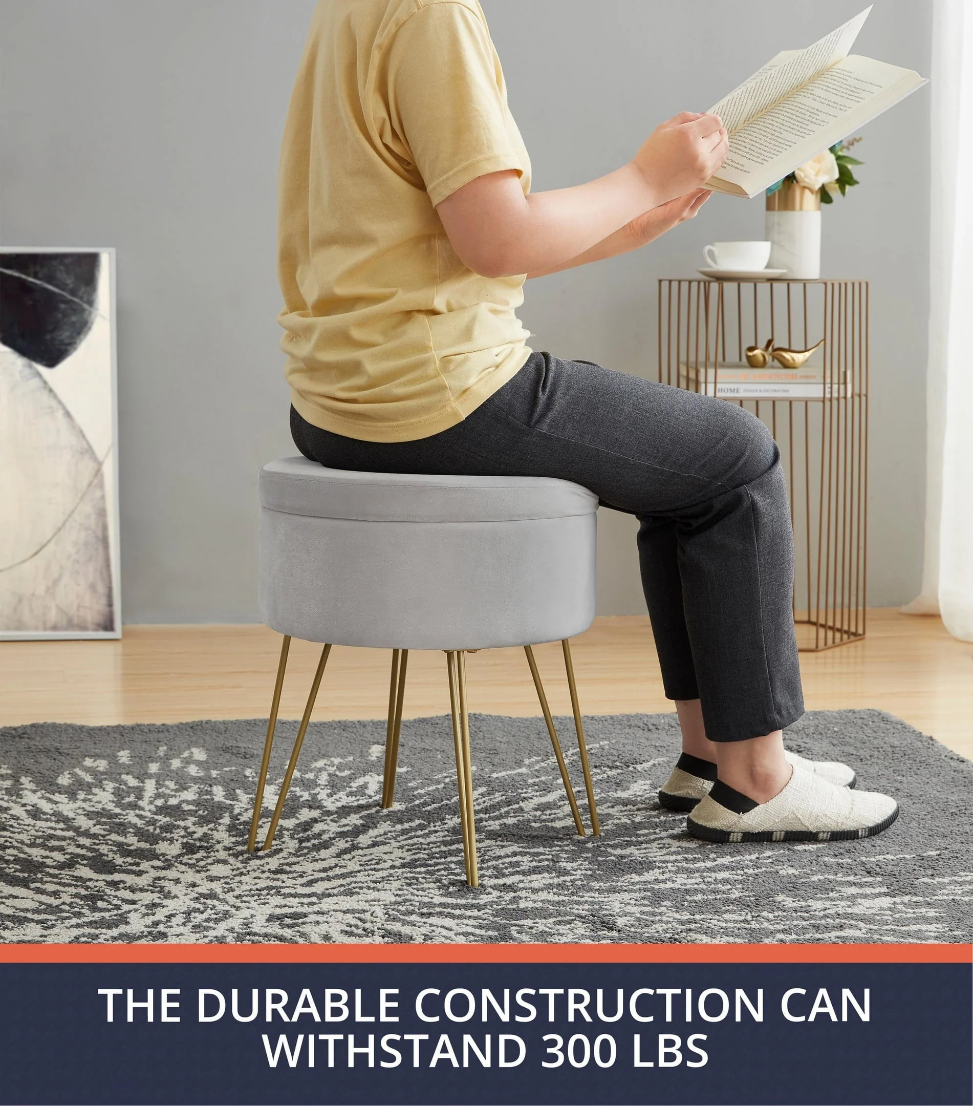 Ornavo Home Round Velvet Storage Ottoman & Tray Top Coffee Table