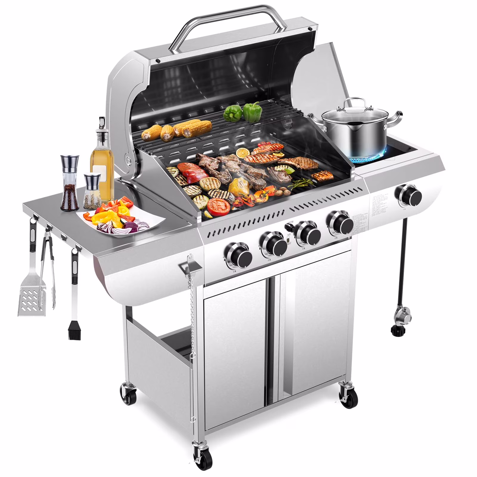 LHRIVER Stainless Steel 4 Burner Propane Gas Grill with Side Burner, Portable Outdoor Barbecue Grill, 45,000 BTU