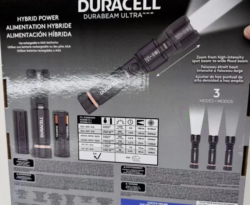 Duracell Hybrid Flashlight, 1500 Lumens, 4-count