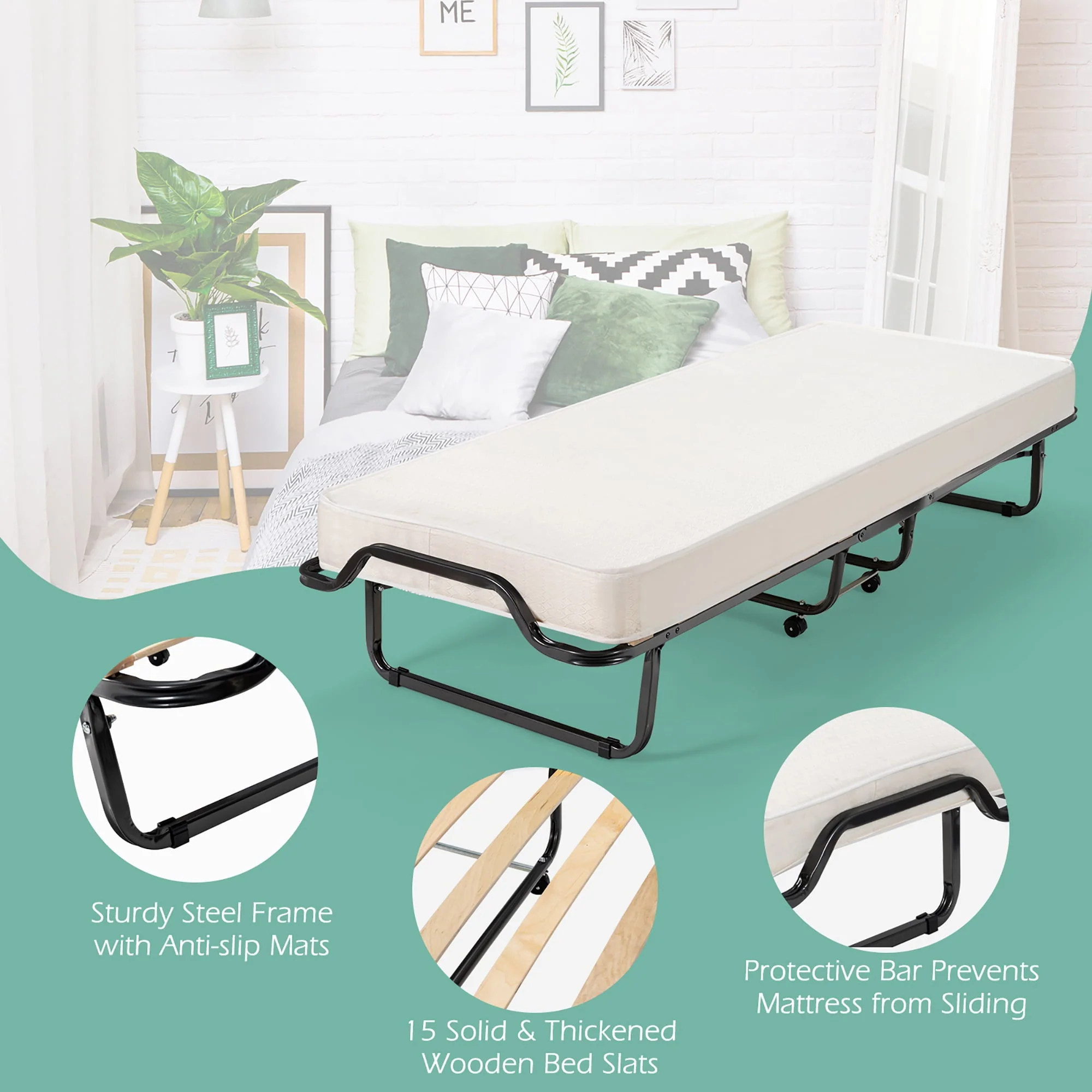 Gymax Portable Rollaway Guest Bed Folding Bed w/ Mattress Memory Foam & Dustproof Cover