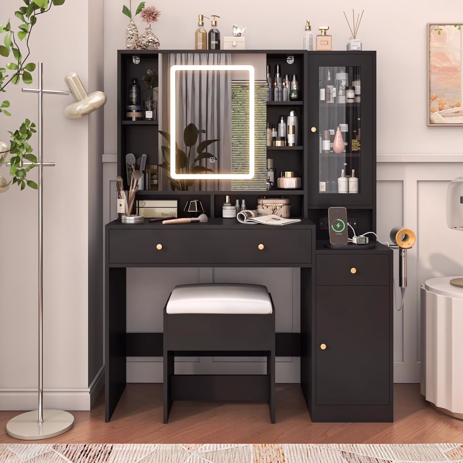 White Vanity Desk with Sliding Mirror & Lights, Vanity Table Makeup Desk with Charging Station 2 Drawers 2 Doors, Lots of Storage Shelves, Large Vanity Set with Cushioned Stool