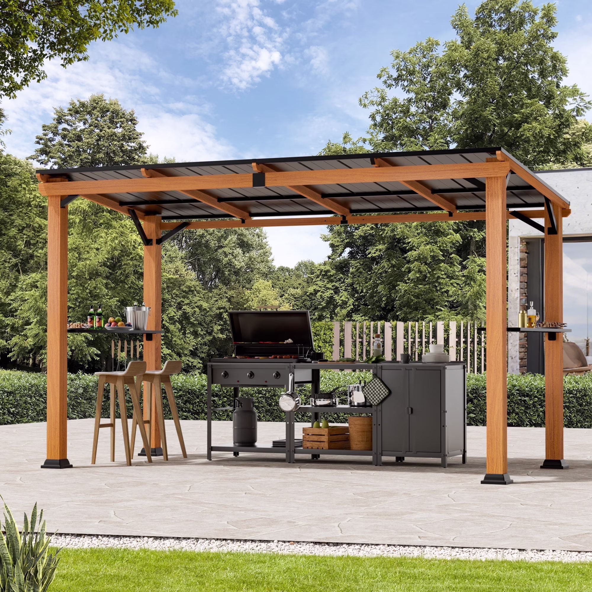 FONA Hardtop Grill Gazebo 6'x12'with Side Shelf, Outdoor Gazebo with Bottle Opener & Hooks, Grill Canopy with Sturdy Rustproof Design for Backyard, Garden, Patio,Wood-Looking