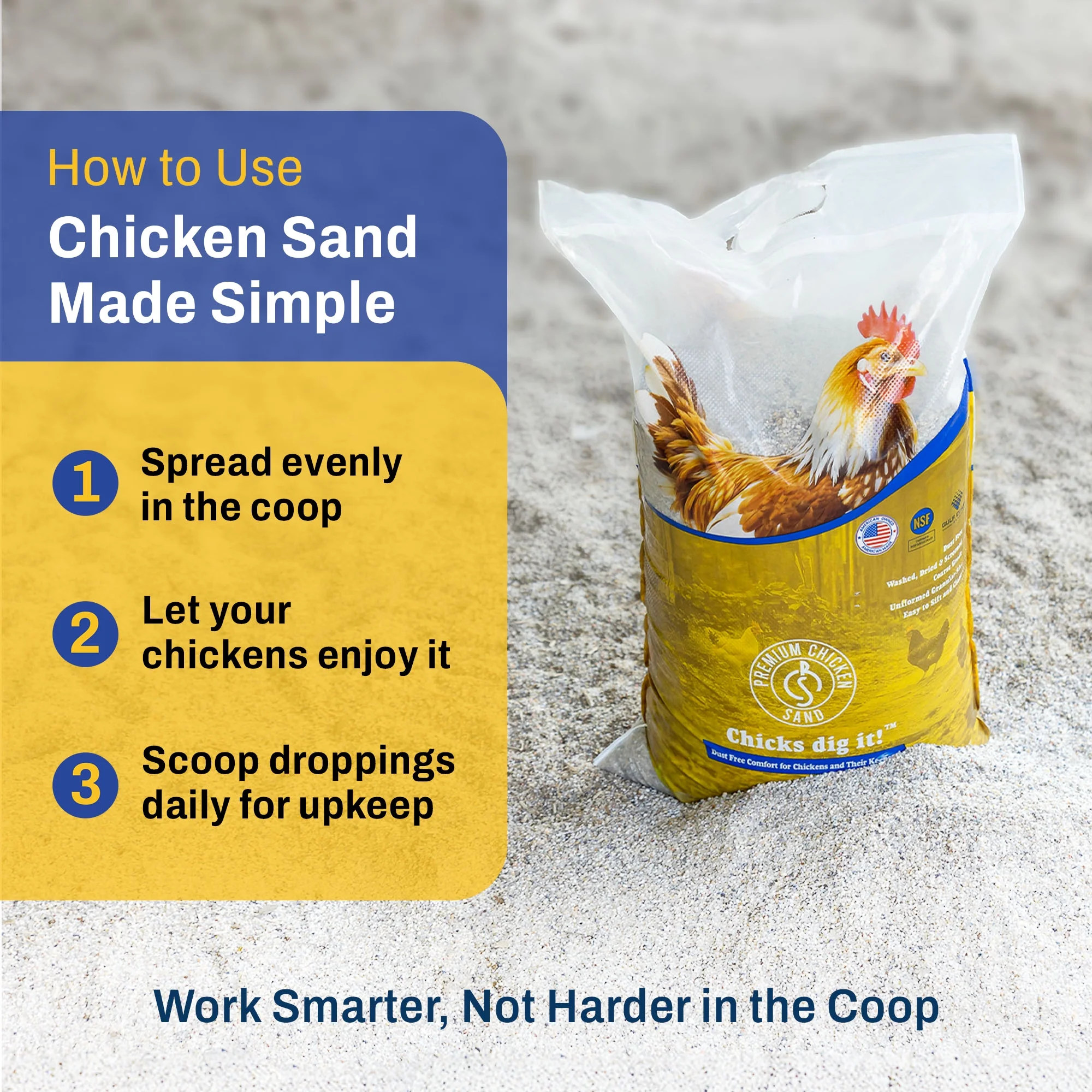 Premium Chicken Sand, Odor Eliminating Bedding for Coops, 50 Lb Bag, 8 Pack