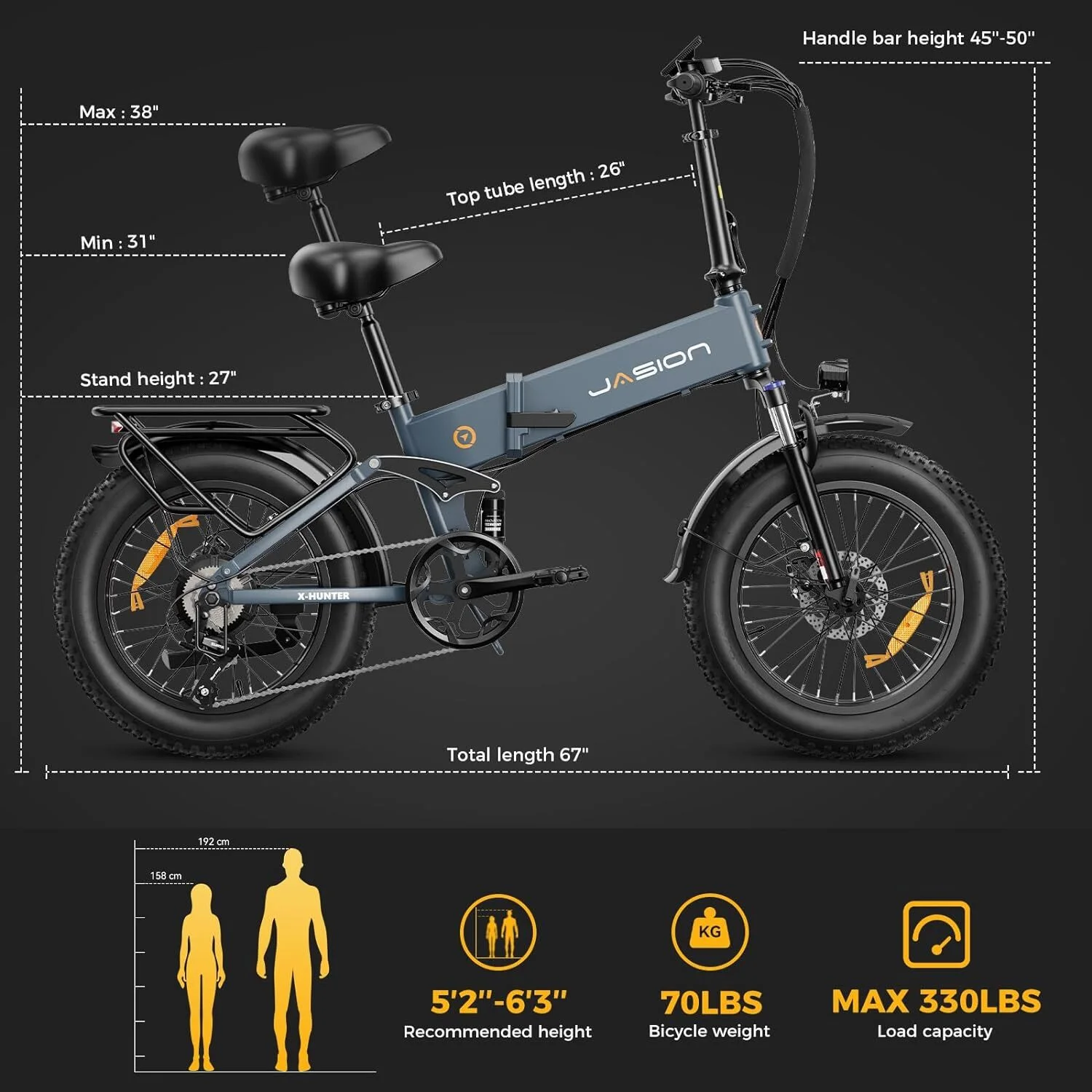 Jasion X-Hunter Electric Bike for Adults, 750W Motor Electric Bicycle with 48V 13AH Removable Battery, 20